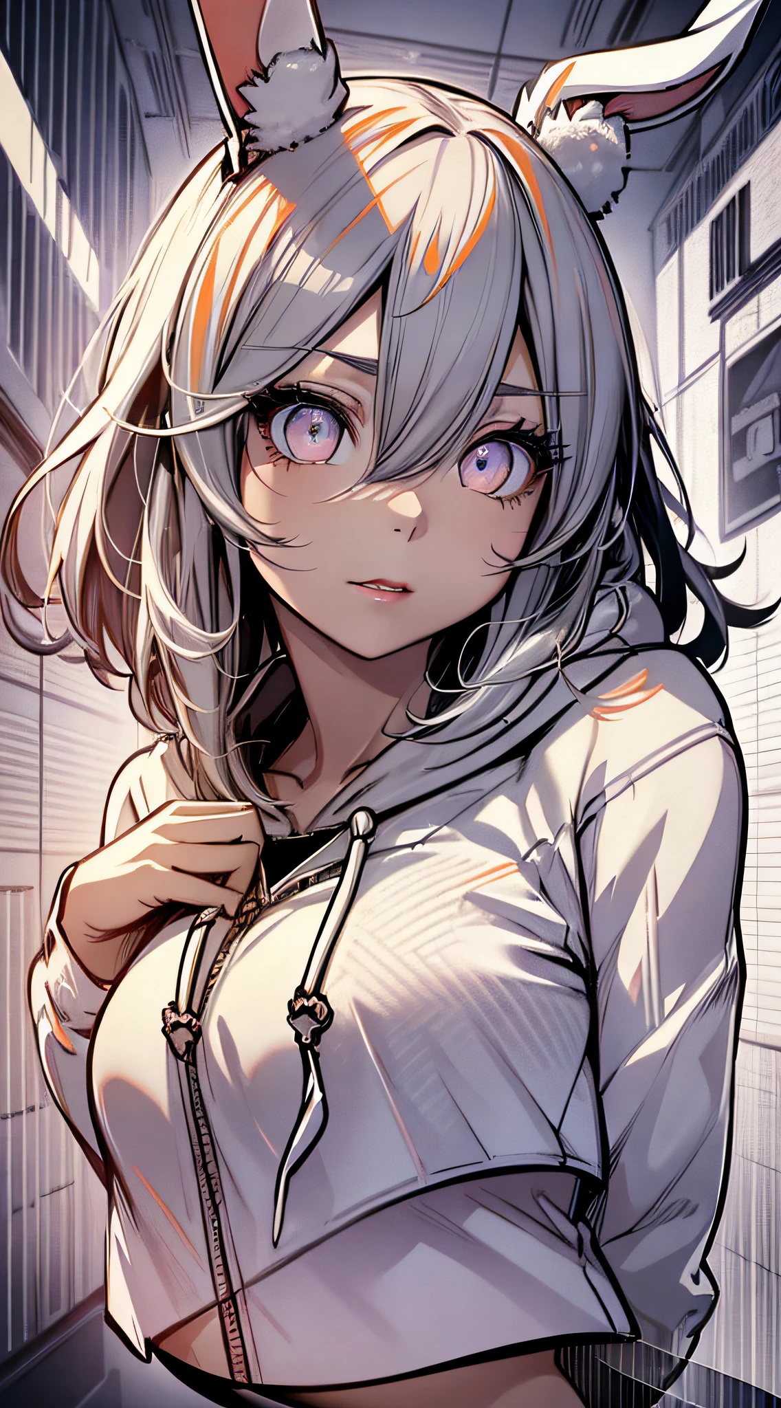 1girl, beautiful Korean girl, (Cute Loose Bob hair, flowing hair), (wearing a cropped bunny hoodie:1.5), (red lips, small breasts, toned stomach, eyelashes, aegyo sal), immersive background, global illumination, natural lighting, (beautiful detailed eyes, symmetrical eyes), (8k, RAW photo, masterpiece, High detail RAW color photo, highest quality, highly detailed CG unified 8K wallpapers), (best shadow, best illustration), physics-based rendering, high contrast, rich colors,