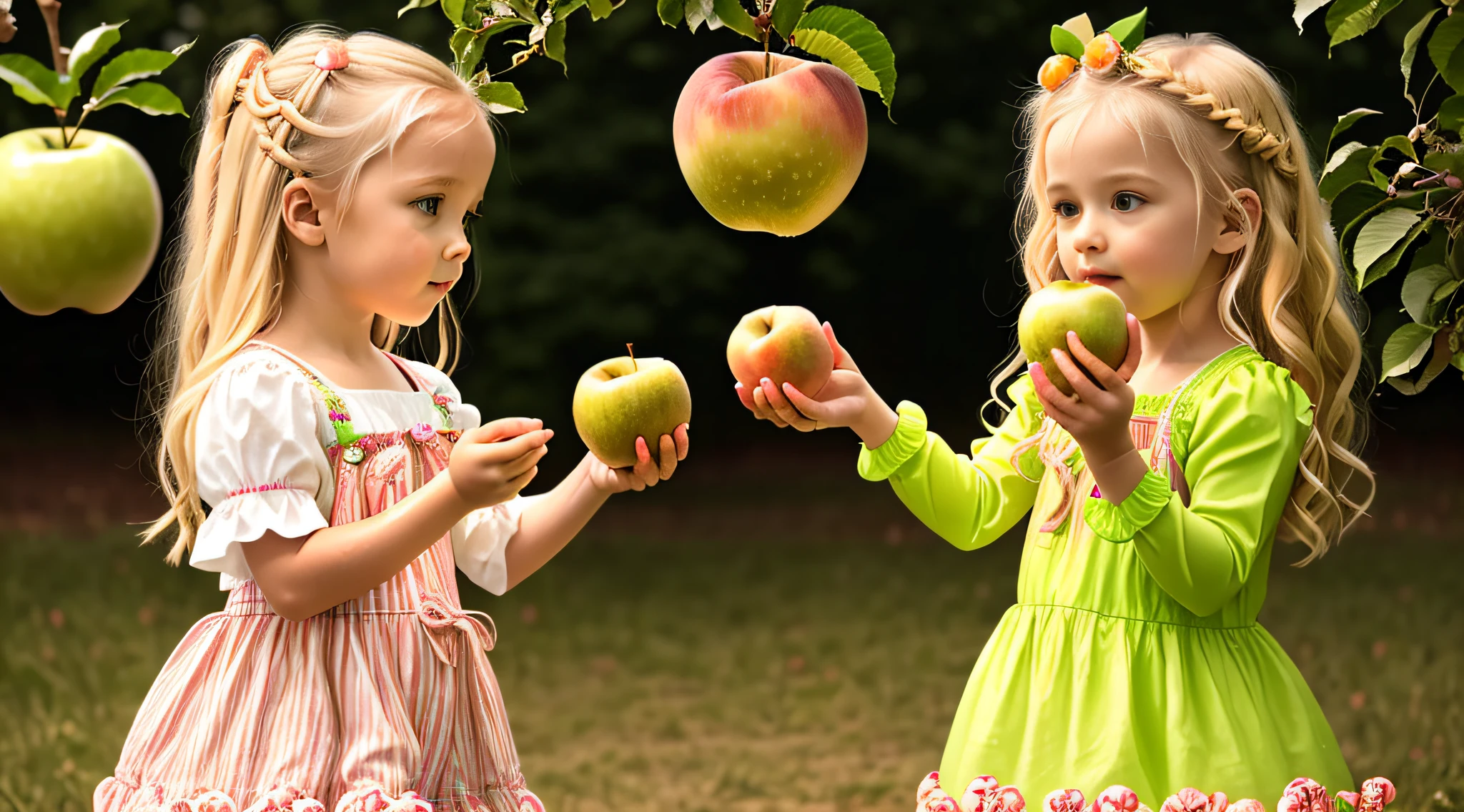 GIRL CHILD BLONDE HAIR OF BRAIDS, holding two green apples in front of her face, holding an apple, eating rotten fruit, a holding apple in hand, green apples, holding maracas, with apple, slime, apples, she is guiding a peach, sentient fruit, green slime, holding Easter eggs, promo still, 3 4 5 3 1, photoshoot