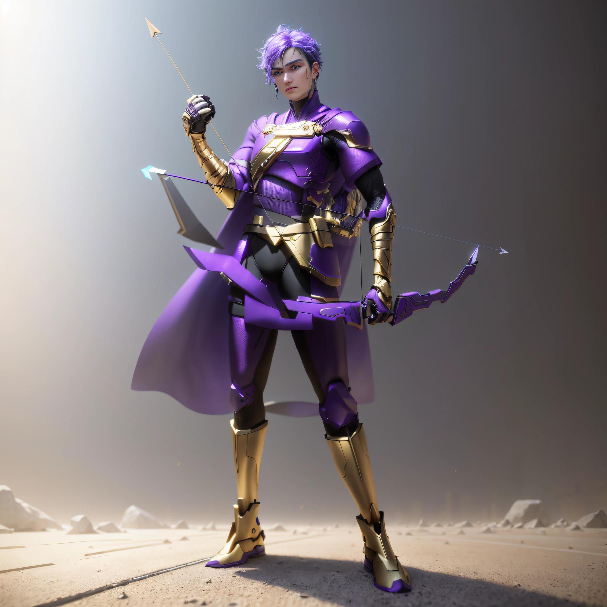 ((Best Quality)), ((Masterpiece), (Very Verbose: 1.3), Man, a Man with a Bow and Arrow, in a sprawling cyberpunk metropolis, HDR (High Dynamic Range), Ray Tracing, NVIDIA RTX, Super Resolution, Unreal 5, Subsurface Scattering, PBR Textures, Post Processing, Anisotropy Filtering, Depth of Field, Maximum Sharpness and Acutance, Multi-layer Textures, Albedo and Highlight Maps, Surface Coloring, Accurate Simulation of Light-Material Interactions, Perfect Proportions, Octane Rendering, Two-tone illumination, low ISO, white balance, rule of thirds, wide aperture, 8K RAW, high efficiency sub-pixel, subpixel convolution, luminous particles, metal armor, purple metal clothes, mechanical bows and arrows, gold mechanical clothes