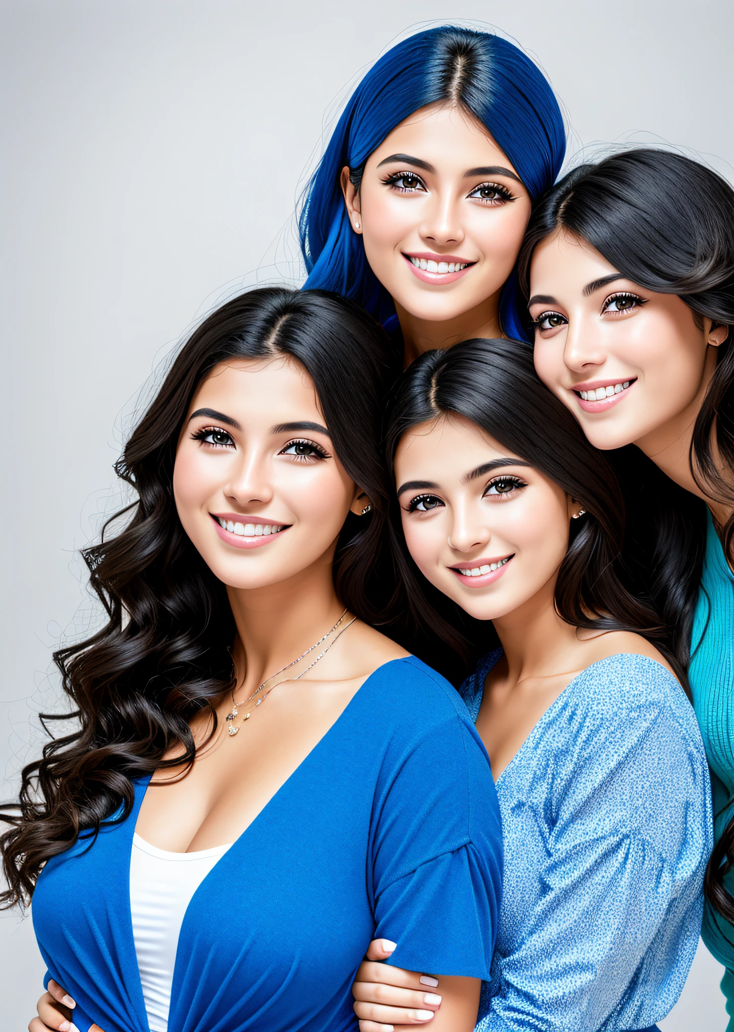 Fashion model photo, mother with two daughters, smiling, blue clothes, strong design sense, medium shot, Turkish girl, long hair, hair accessories, delicate skin, smile, simple background, high texture, glare backlight, studio professional lighting