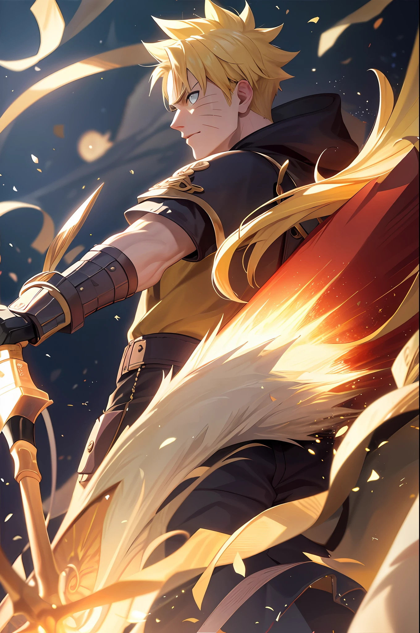 8k, best quality, masterpiece, highly detailed, semi realistic, 1 boy, mature male, 20 years old, yellow hair, short hair, blue pupils, golden armor, black fluffy pants, golden iron boots, redblack fluffy brimmed cloak, wielding sword, knight, coronation ceremony，War, flames, bloodstains，Lily, petal rain，banner, uzumaki naruto,  from front,  masculine, tall, handsome
