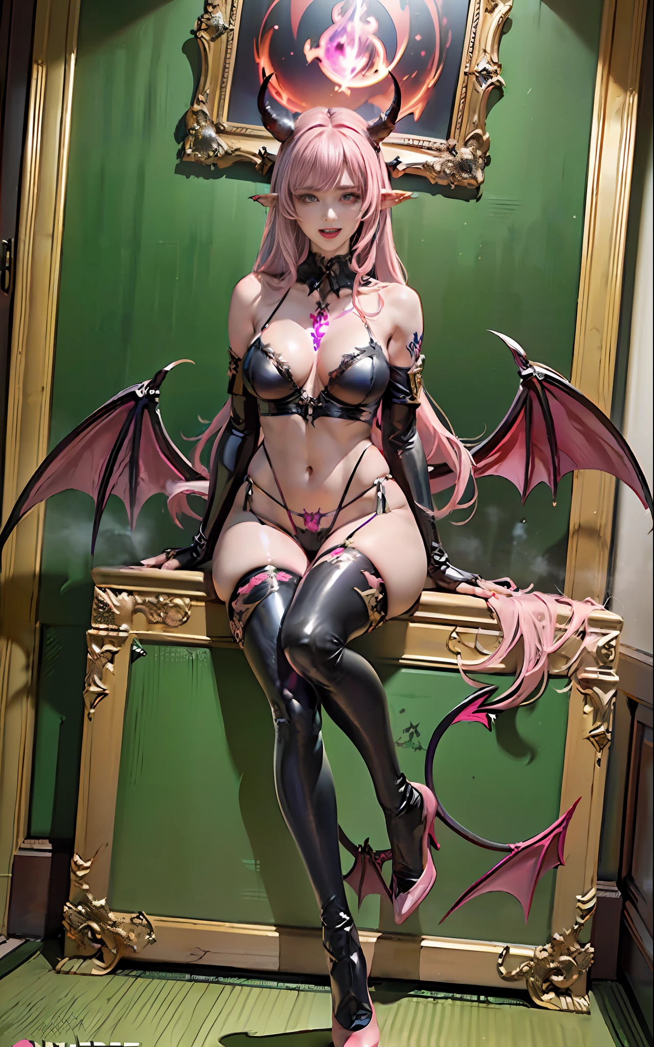best quality, masterpiece,ultra detailed, official art,(extremely detailed CG unity 8k
wallpaper), (masterpiece), best quality, illustration, (powerful), art oflight, artist style, beautiful detailed star sky,(((bat print))), (cygames:1.4), (dark flame:1.3), Japanese light novel cover, grand scene, dark bodysuit,((fullbody)),((succubus tail)),
(beautiful detailedgirl), (((solo))),(((full body))),wet skin, (((demon queen))),
metal, complex pattern, beautiful detailed hair,red luminous eyes, longeyelashes,
((constricted pupils)),pointy ears, slit pupils,silver long hair,beautiful collarbone , (purple tattoo), (tattoo on leg), tattoo on arm, luminous gem on chest,(demon heart tail),demon fang, pointy ears,
((purple long fingernails)),(bat decorate soft armor), ((bat decorate high heels)),giant bat wings,(fingerless_gloves), bat print black garter belt, (elbow_gloves),fang out, a group of
bats, ((endured_face, open mouth, seductive smile, )),lingerie,
bat decorateanklet,bat decorate body,(presenting foot), (luminous tattoo),(queen),useing magical, (beautiful detalied hands), nfsw, (((pink steam from full body ))), ((2legs)) , ((neck biting)), figure four sitting