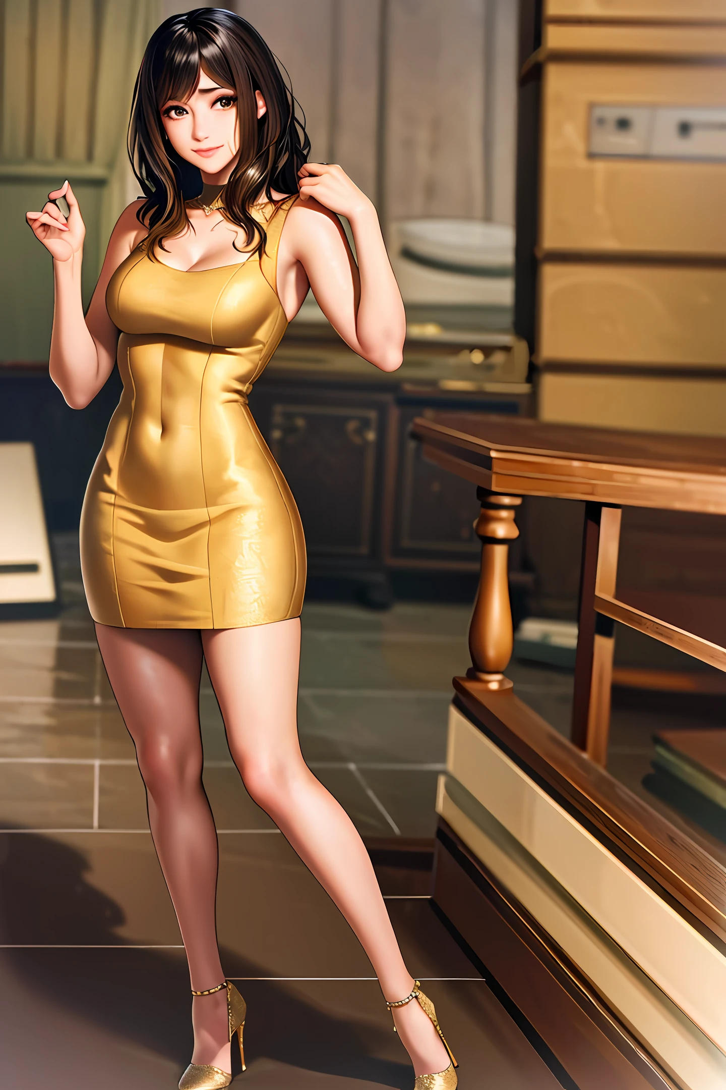 (Realistic, Photorealistic: 1.37), (Masterpiece), (Best Quality: 1.4), (Ultra High Resolution: 1.2), (RAW Photo: 1.2), (Sharp Focus: 1.3), (Face Focus: 1.2), Elegant, (Full Body: 1.2), Best Quality, Masterpiece, (Realism: 1.2), 1 Girl, Black Hair, Brown Eyes, Frontal, Detailed Face, Beautiful Eyes, In the Room, Big ( 1.5), Smile, Lots of lashes, High heels, Cute, Cute, OL, After Bath,