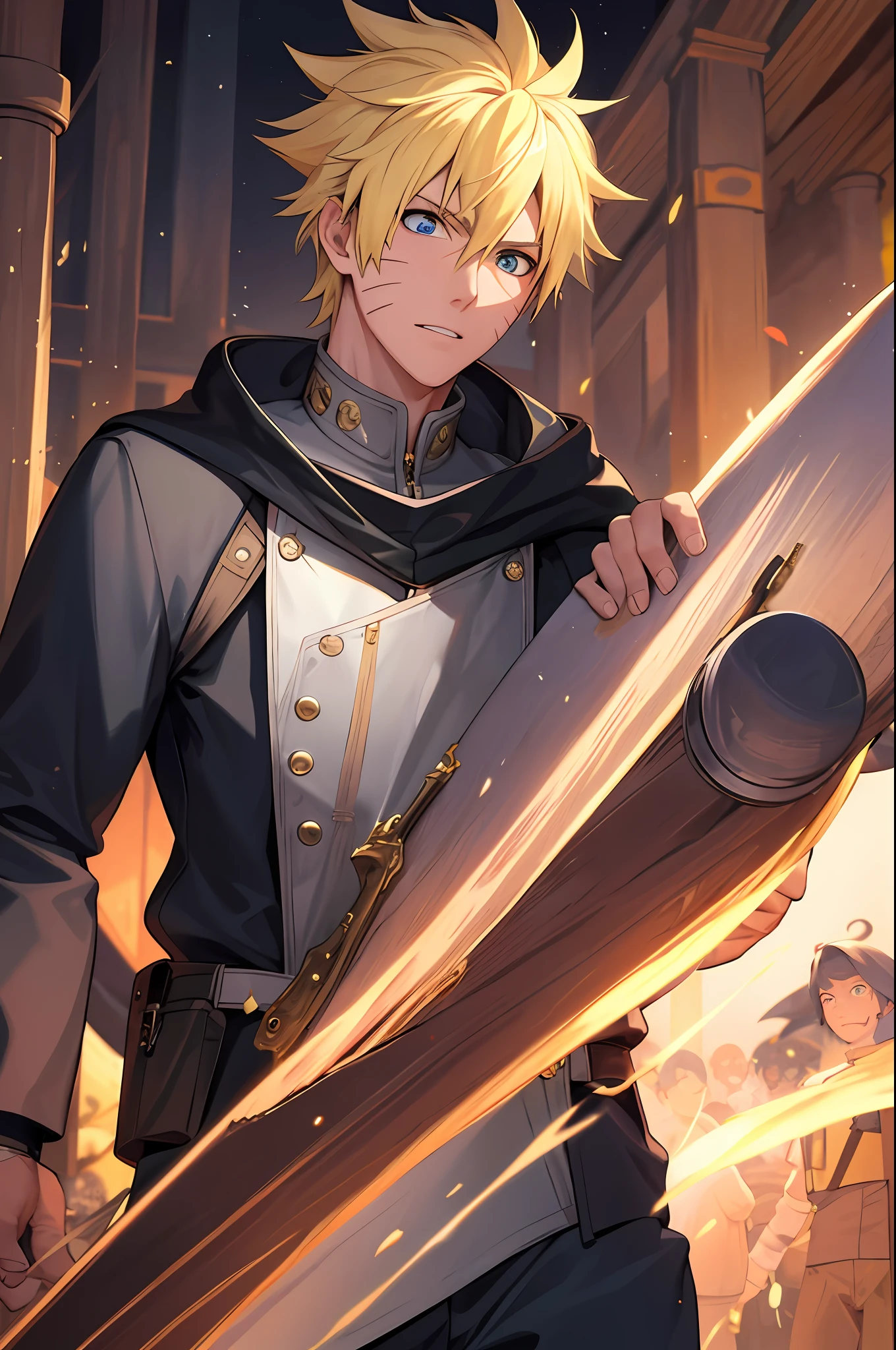 8k, best quality, masterpiece, highly detailed, semi realistic, 1 boy, mature male, 20 years old, yellow hair, short hair, blue pupils, golden armor, black fluffy pants, golden iron boots, redblack fluffy brimmed cloak, wielding sword, knight, coronation ceremony，War, flames, bloodstains，Lily, petal rain，banner, uzumaki naruto,  from front,  masculine, tall, handsome