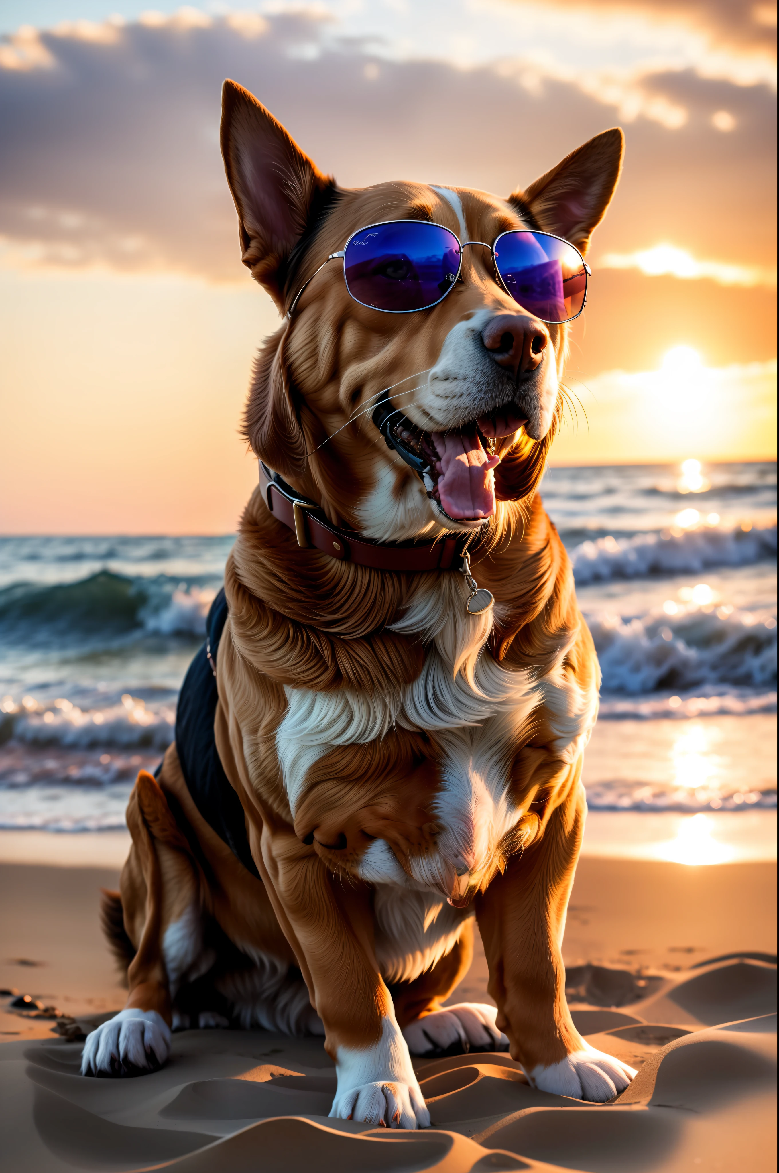 85mm, f1.8, portrait a dog on a beach wearing sunglasses, photo realistic, hyperrealistic, orante, super detailed, intricate, dramatic, sunset lighting, shadows, high dynamic range
