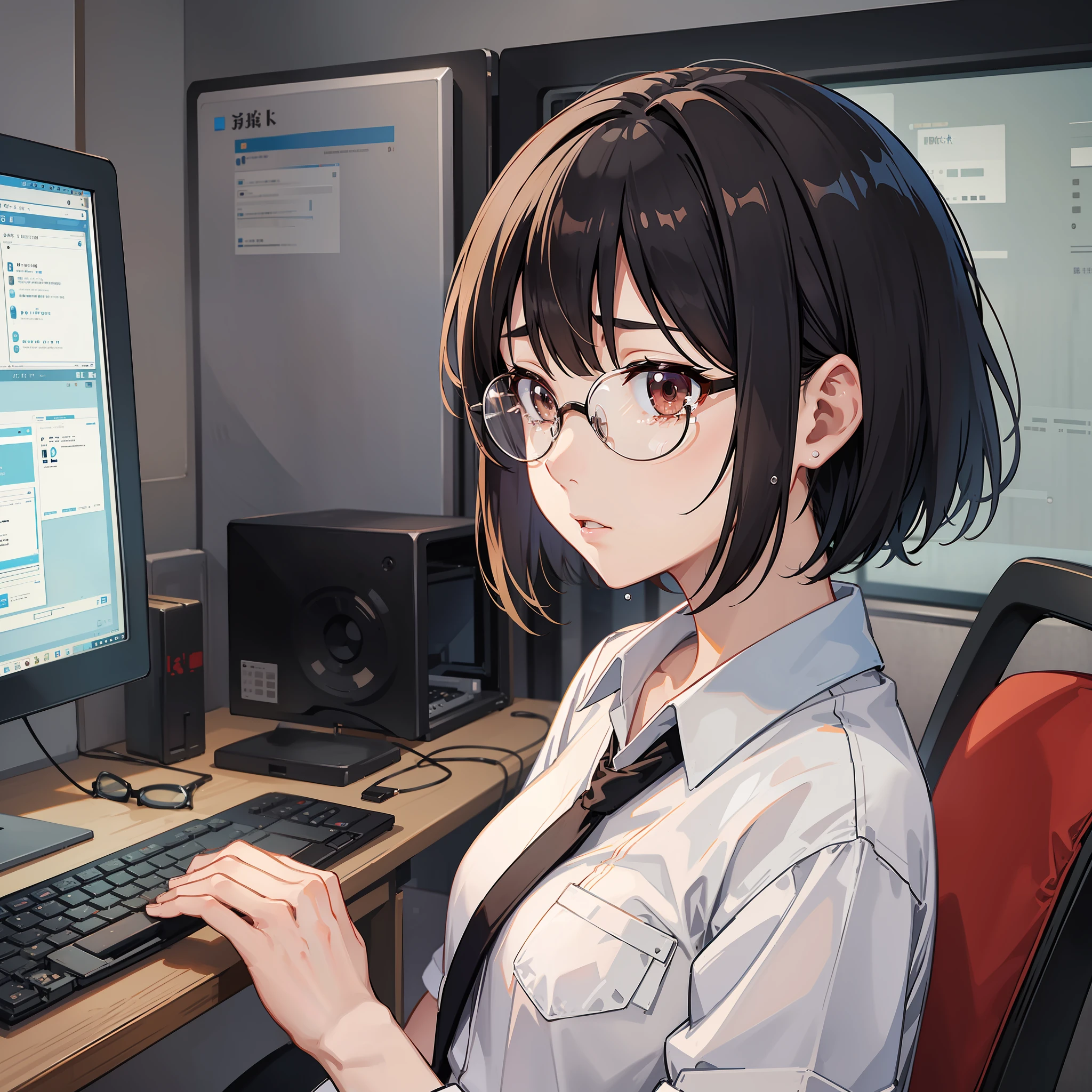 Engineer, Japan, Adult Woman, Anime, Illustration, Solo, Sit in a Chair, Opaque White Shirt,Black Hair,Bob Hair Length,Computer,Thin Round Glasses with Brown Frame,Work,Tears,Crying,Looking at Audience Facing You