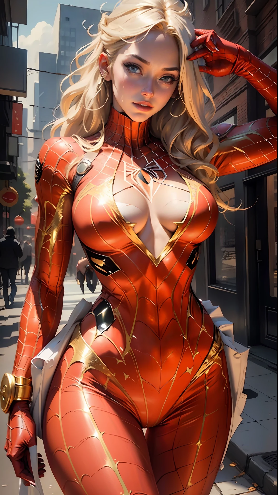 Beautiful blonde woman detailed defined body using gold spider man cosplay, huge breasts