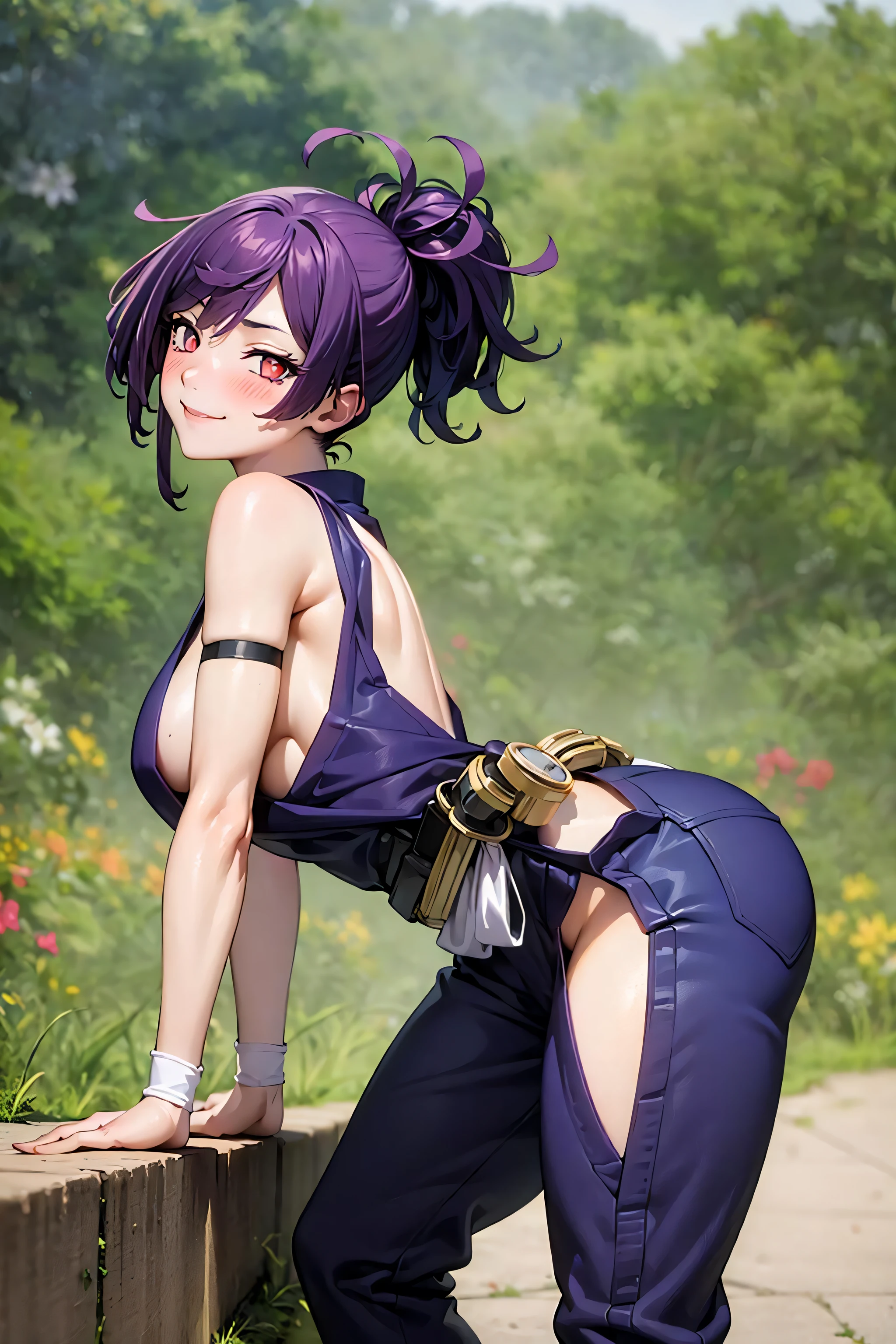 best quality, masterpiece, (leaning over:1.4), 
1girl, yuzuriha_(jigokuraku), purple hair, brown eyes, ninja, open clothes, cleavage, small breasts, topknot, medium hair, breasts apart, seductive smile, pants, undressing,  (blush:1.1),  japanese exterior, temple,