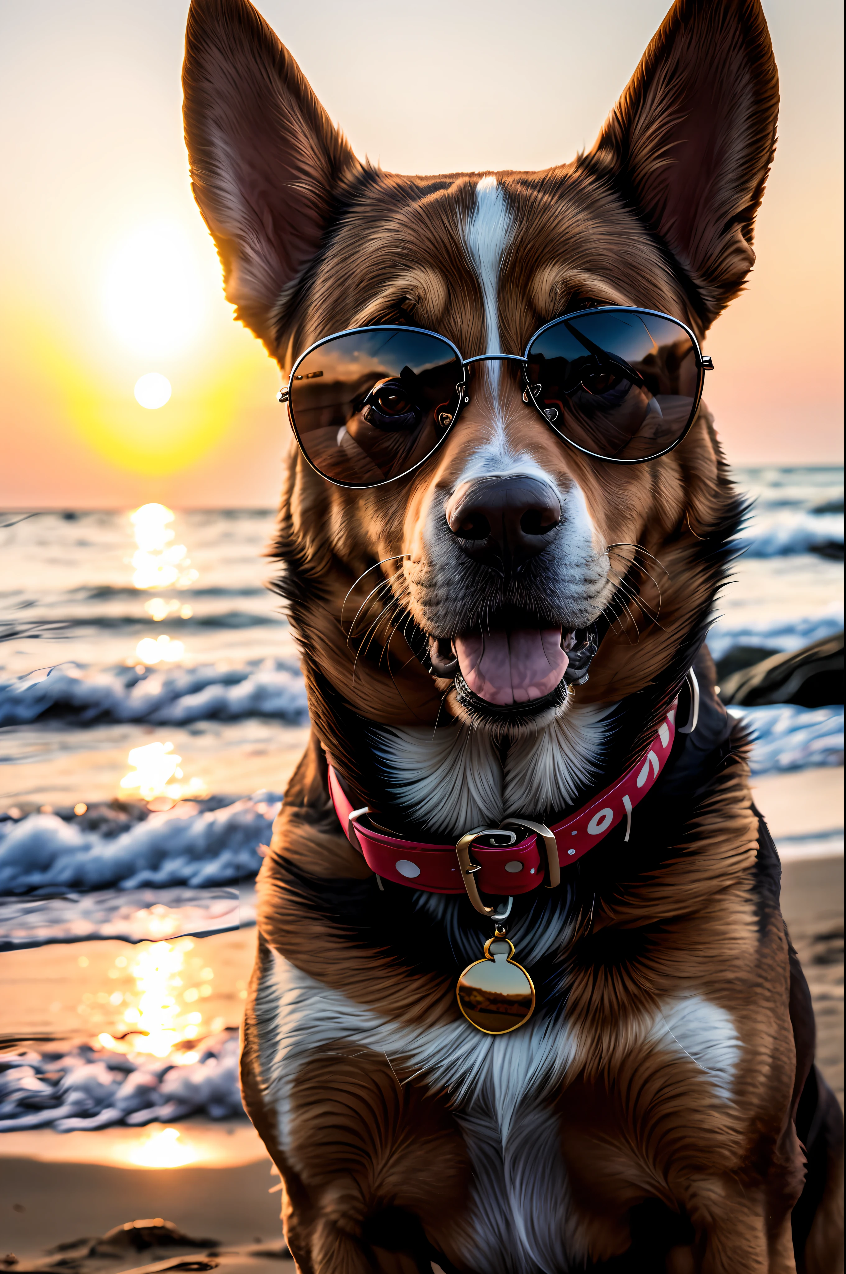 85mm, f1.8, portrait a dog on a beach wearing sunglasses, photo realistic, hyperrealistic, orante, super detailed, intricate, dramatic, sunset lighting, shadows, high dynamic range