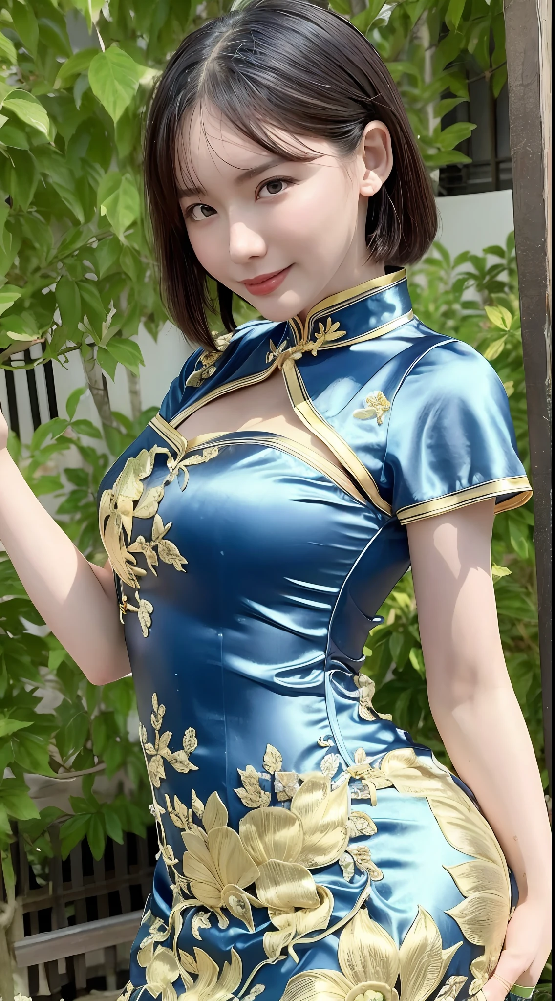 Best quality, best image quality, highest resolution, super detail, china clothes, short sleeve cheongsam, cheongsam material is satin, shiny and soft and smooth to the touch, tight cheongsam, no underwear is worn, Chest is C cup, full body shooting so that the face can also enter, the subject is alone, taken outdoors, soaking wet, sweaty,