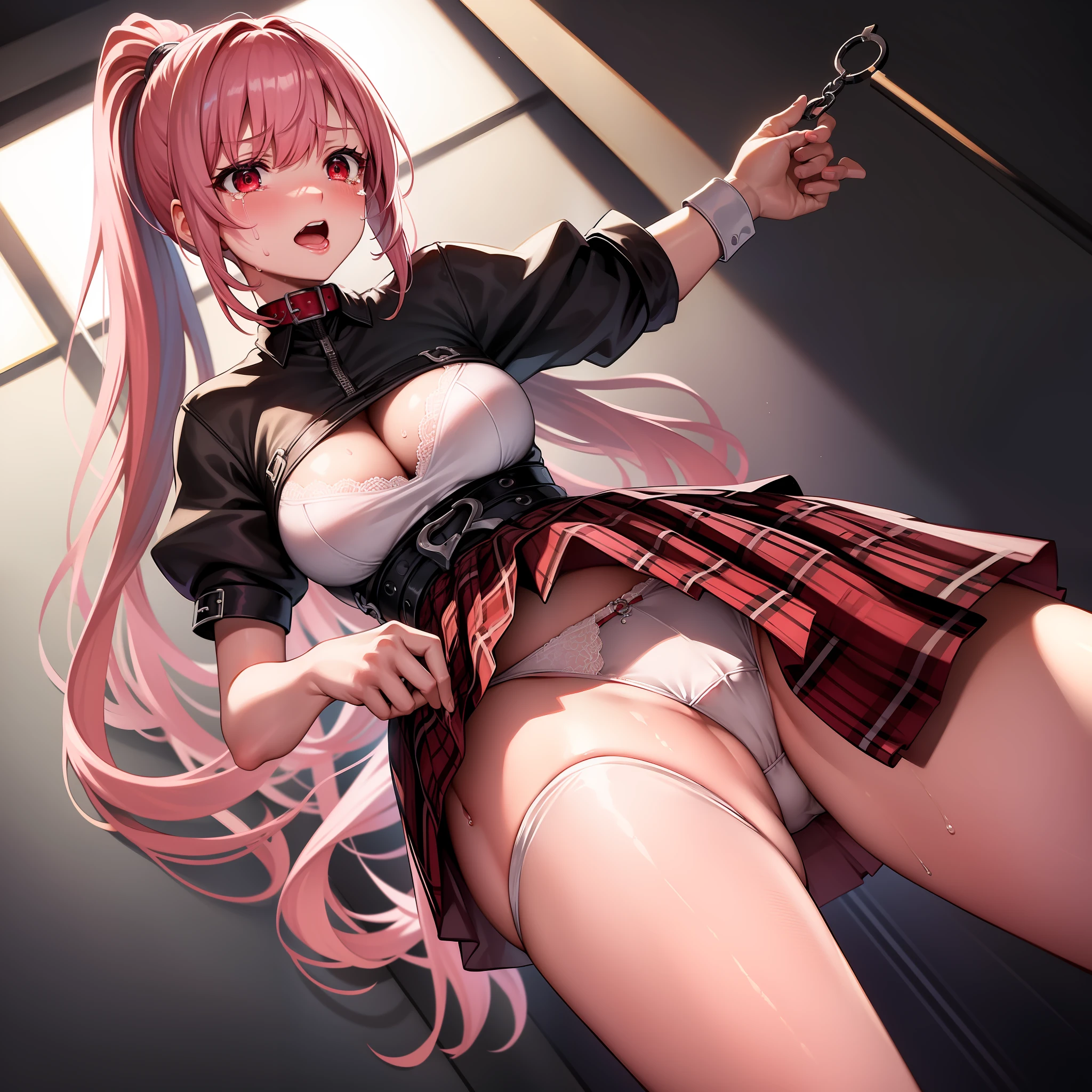 Solo, top quality, masterpiece, detailed background, very complex and detailed face, long eyelashes, detailed eyes, (high ponytail: 1.3), (red eyes: 1.3), (pink hair and white mesh: 1.2), large cleavage, slim, red collar, skirt, tartan check, sweat, backstage, embarrassed look, angle from below, white sheer lace underwear, clothes torn, tears, open mouth, crying, stick out the tongue, cornered in the corner of the room, crouch, open legs, handcuffs