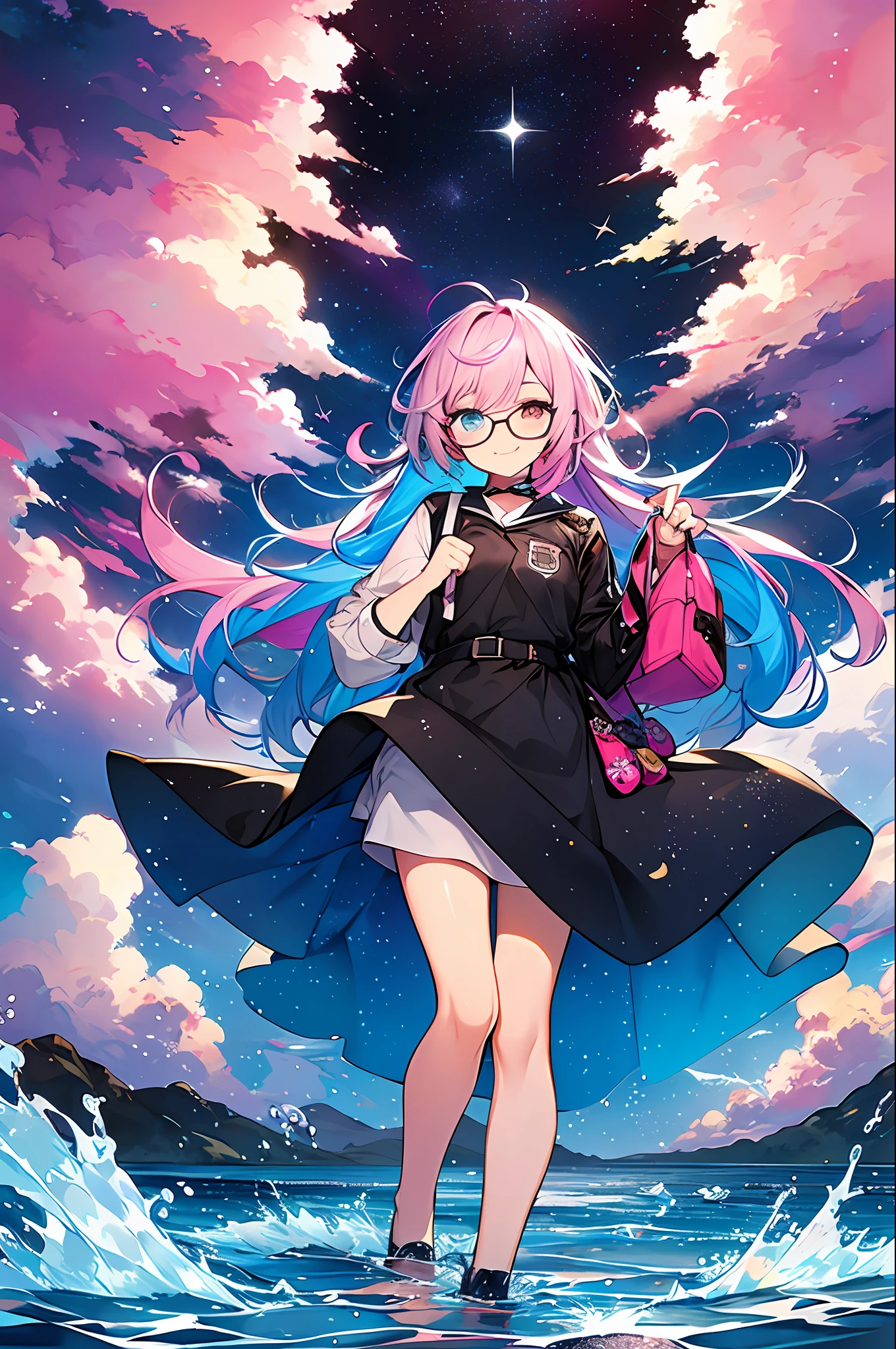 (Best Quality, Best Quality, Medium Watercolor), Official Art, Beautiful and Aesthetic: 1.2), (1 Girl: 1.3), (Fractal Art: 1.3), ((Full Body)), View Beholder, Pattern, (iridescent hair, Colorful hair, Half blue and half pink hair: 1.2), Water, Liquid, Cloud, Colorful, Starry sky, Stars, Smile, Glasses, Close Up, Heterochromia, (Colorful: 1.5), (( Uniform)), detailed background