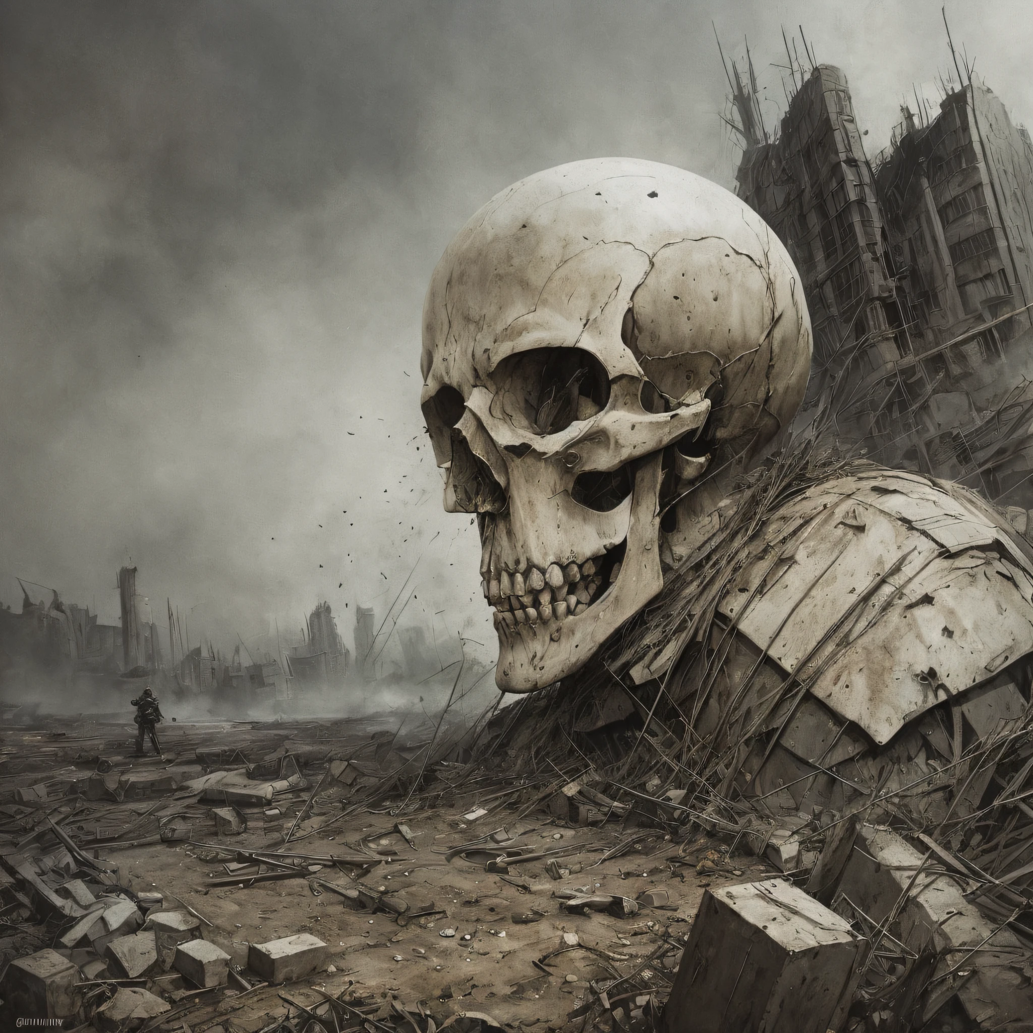 In the carnage of the battlefield, an English soldier remains lonely and motionless. His worn and bloodied uniform bears witness to the horrors of war. Over his figure, the skeletal and macabre body of a skull emerges, contrasting with the scene of destruction around him.

His blank, lifeless gaze fixates on the horizon as if searching for answers in the midst of chaos. The dark valleys of their orbits reveal the absence of emotion and the mark of inevitable fate. The skull devoid of flesh and muscle harks back to lives lost and memories erased by the brutality of war.

The crumbling trenches and bloody rubble around it depict the merciless violence that pervades the battlefield. The smell of smoke and death hangs in the air, while the groans of the wounded echo through the desolate environment. The red-stained soil reflects the human cost of this terrible war.

The ominous silence is interrupted only by the whisper of the wind and the distant sounds of shelling. Through this grim image, we are confronted with the cruelty and ephemerality of life in the midst of conflict. The skull-faced soldier personifies the inevitability of death in a world steeped in violence and destruction.
Free Research Preview. ChatGPT may produce inaccurate information about people, places, or facts.  professional majestic oil painting by Ed Blinkey, Atey Ghailan, Studio Ghibli, by Jeremy Mann, Greg Manchess, Antonio Moro, trending on ArtStation, trending on CGSociety, Intricate, High Detail, Sharp focus, dramatic, photorealistic painting art by midjourney and greg rutkowski