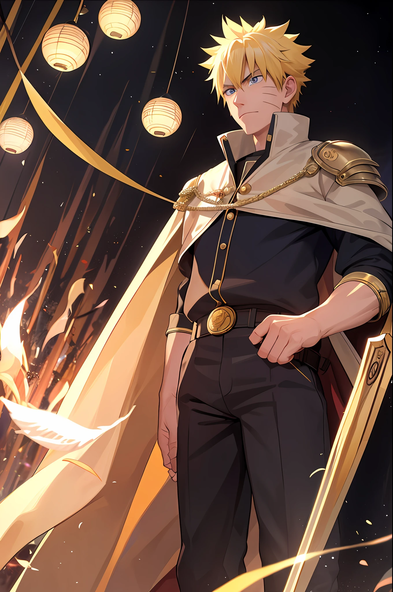 8k, best quality, masterpiece, highly detailed, semi realistic, 1 boy, mature male, 20 years old, yellow hair, short hair, curtain bangs, blue pupils, golden armor, black fluffy pants, golden iron boots, redblack fluffy brimmed cloak, wielding sword, knight, coronation ceremony,War, flames, bloodstains,Lily, petal rain,banner, uzumaki naruto, from front, masculine, tall, handsome