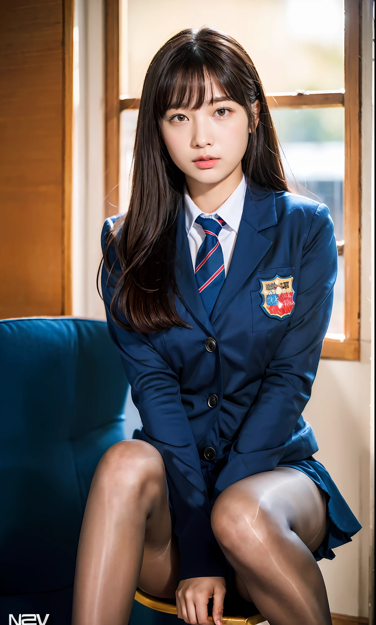 ulzzang-6500-v1.1, (raw photo:1.2), (photorealistic:1.4), beautiful detailed girl, very detailed eyes and face, beautiful detailed eyes, ridiculous, incredibly ridiculous, huge file size, super detailed, high resolution, very detailed, best quality, masterpiece, kemomimi, ((Japanese girls' high school uniform)), illustration, very detailed, CG, unified, 8k wallpaper, amazing, Fine details, masterpiece, best quality, very detailed CG uniform 8k wallpaper, light on face, cinematic lighting, 1girl, , ((no panties)), ((dynamic pose))), (camel toe), (half), (pantyhose), (knee-bending leg sitting))