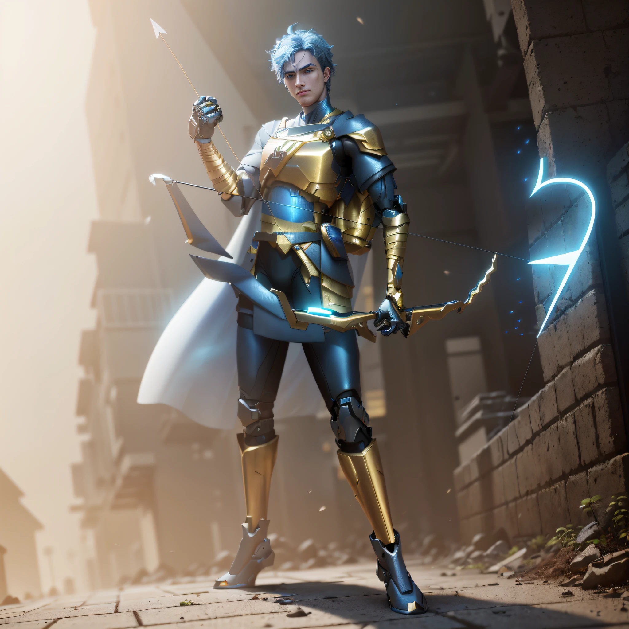 ((Best Quality)), ((Masterpiece), (Very Verbose: 1.3), Man, a Man with a Bow and Arrow, in a sprawling cyberpunk metropolis, HDR (High Dynamic Range), Ray Tracing, NVIDIA RTX, Super Resolution, Unreal 5, Subsurface Scattering, PBR Textures, Post Processing, Anisotropy Filtering, Depth of Field, Maximum Sharpness and Acutance, Multi-layer Textures, Albedo and Highlight Maps, Surface Coloring, Accurate Simulation of Light-Material Interactions, Perfect Proportions, Octane Rendering, Two-tone illumination, low ISO, white balance, rule of thirds, wide aperture, 8K RAW, high efficiency sub-pixel, subpixel convolution, glowing particles, metal armor, gold metal clothes, mechanical bow and arrow, blue robotic arm