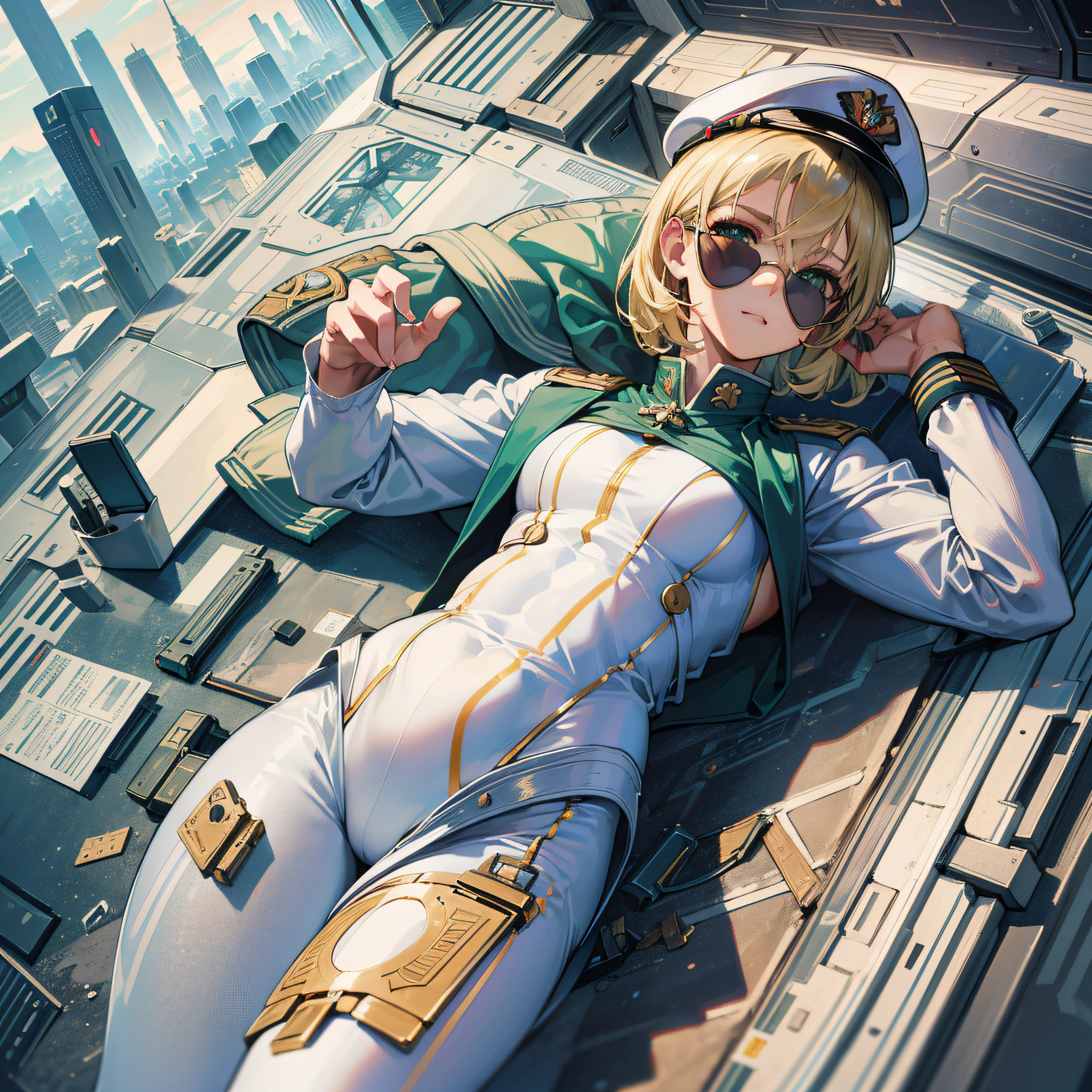 ((Masterpiece)), ((Highest Quality)), ((Best Quality)), (Illustration of One Girl), Full Body, 25 Years Old, Neutral, Blonde, (Short Hair), Green Eyes, (((Tall)), (Muscular Strong Body)), ((Muscular Strong Body)), ((Muscular Strong Body)), (Military Uniform)), (Military Uniform)), ((Military Hat)), (White Clothes), (White Pants), (White Hat), Trench Coat, ((Inside the Spaceship)), (Outside the Window, space, Earth seen from space, spaceport)