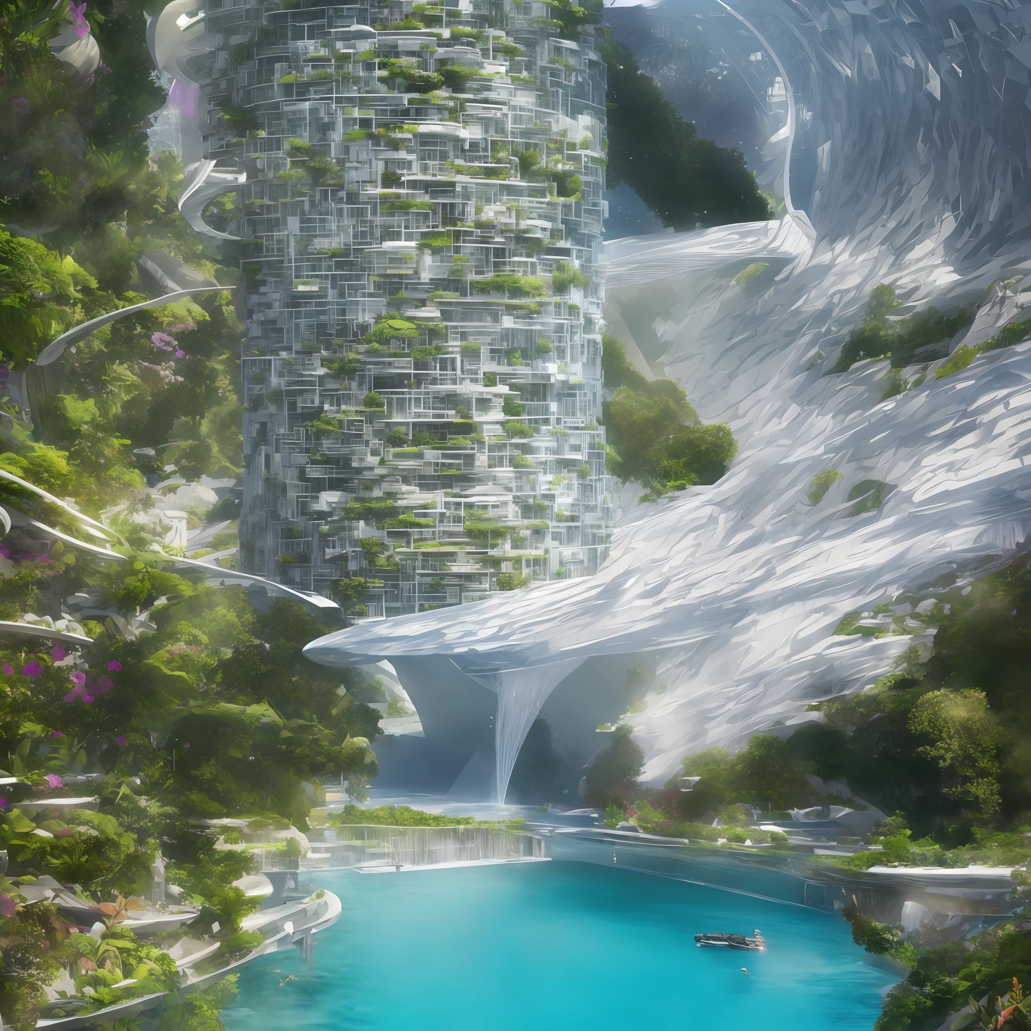 Science Fiction, Cities modern futuristic design large underwater city, futuristic underwater cityscape, a artificial waterfall and a pond with colorful flowers in the middle, nature meets underwater architecture, built inside ocean, realistic beehive architecture, organic underwater architecture, Reality very close to real nature, breathtaking render,city with underwater forest , advanced civilization technology,stunning architecture, luxury architecture, realistic fantasy render, by Zha Shibiao, epic and stunning, architectural visualization, epic architecture, concept art. 8 k --auto --v6 --s2