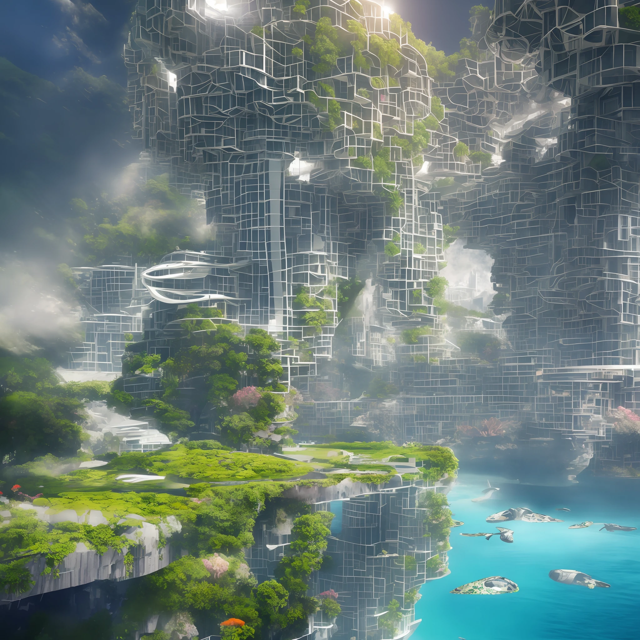 Science Fiction, Cities modern futuristic design large underwater city, futuristic underwater cityscape, a artificial waterfall and a pond with colorful flowers in the middle, nature meets underwater architecture, built inside ocean, realistic beehive architecture, organic underwater architecture, Reality very close to real nature, breathtaking render,city with underwater forest , advanced civilization technology,stunning architecture, luxury architecture, realistic fantasy render, by Zha Shibiao, epic and stunning, architectural visualization, epic architecture, concept art. 8 k --auto --v6 --s2