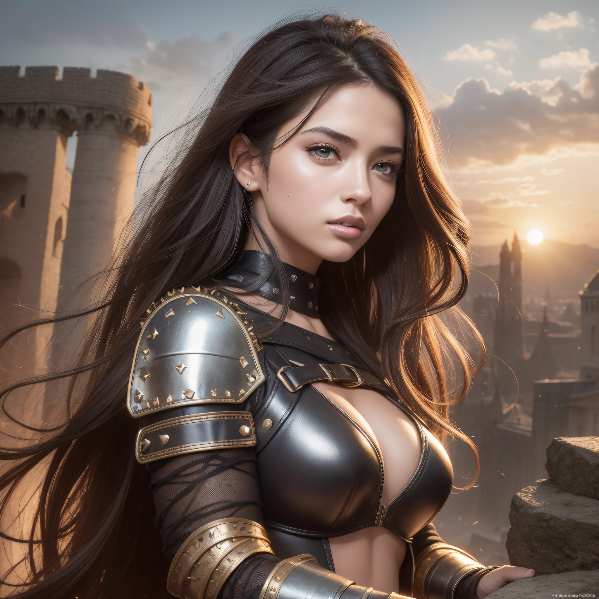 ultra realistic portrait of a woman around 30 years old with very long curly hair and a face reminiscent of Adriana Lima, wearing a studded leather warrior's outfit with lots of buckles and buckles, undressed, in the background you can see an old medieval stone castle and a sunset in its entirety, copper wires , intricate, headshot, highly detailed, digital image, artstation, concept art, focus, cinema lighting, illustration, artgerm and greg rutkowski, alphonse mokka, cgoocity, olivia, cinematic photo by arri canon fuji kodak, extremely detailed , sharpening , details, professional lighting, film lighting, lightroom, cinematography, 5d canon