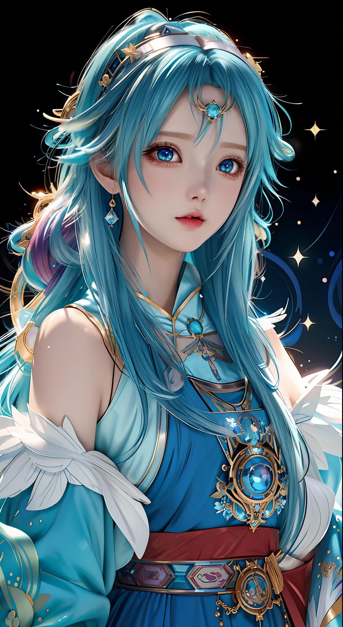 a close up of a woman with blue hair and a blue dress, anime girl with cosmic hair, cute detailed digital art, fantasy art style, anime style. 8k, beautiful anime girl, beautiful digital illustration, anime styled 3d, 8k high quality detailed art, beautiful celestial mage, beautiful digital artwork, anime girl with teal hair, azure. detailed hair
