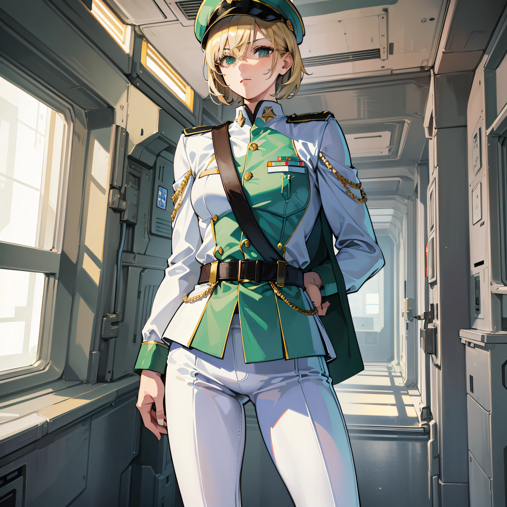 ((Masterpiece)), ((Highest Quality)), ((Best Quality)), (Illustration of One Girl), Full Body, 25 Years Old, Neutral, Blonde, (Short Hair), Green Eyes, (((Tall)), (Muscular Strong Body)), ((Muscular Strong Body)), ((Muscular Strong Body)), (Military Uniform)), (Military Uniform)), ((Military Hat)), (White Clothes), (White Pants), (White Hat), Trench Coat, ((Inside the Spaceship)), (Outside the Window, space, Earth seen from space, spaceport)