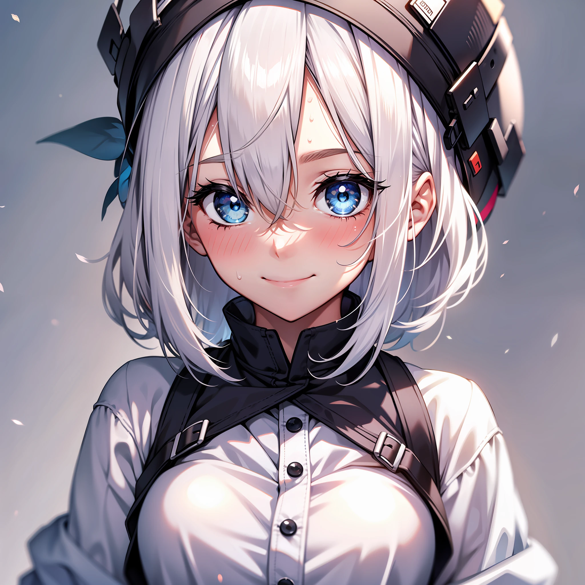 1girl,Child😏,white hair,blue eyes,sweaty body,blushed,smiling,white clothes