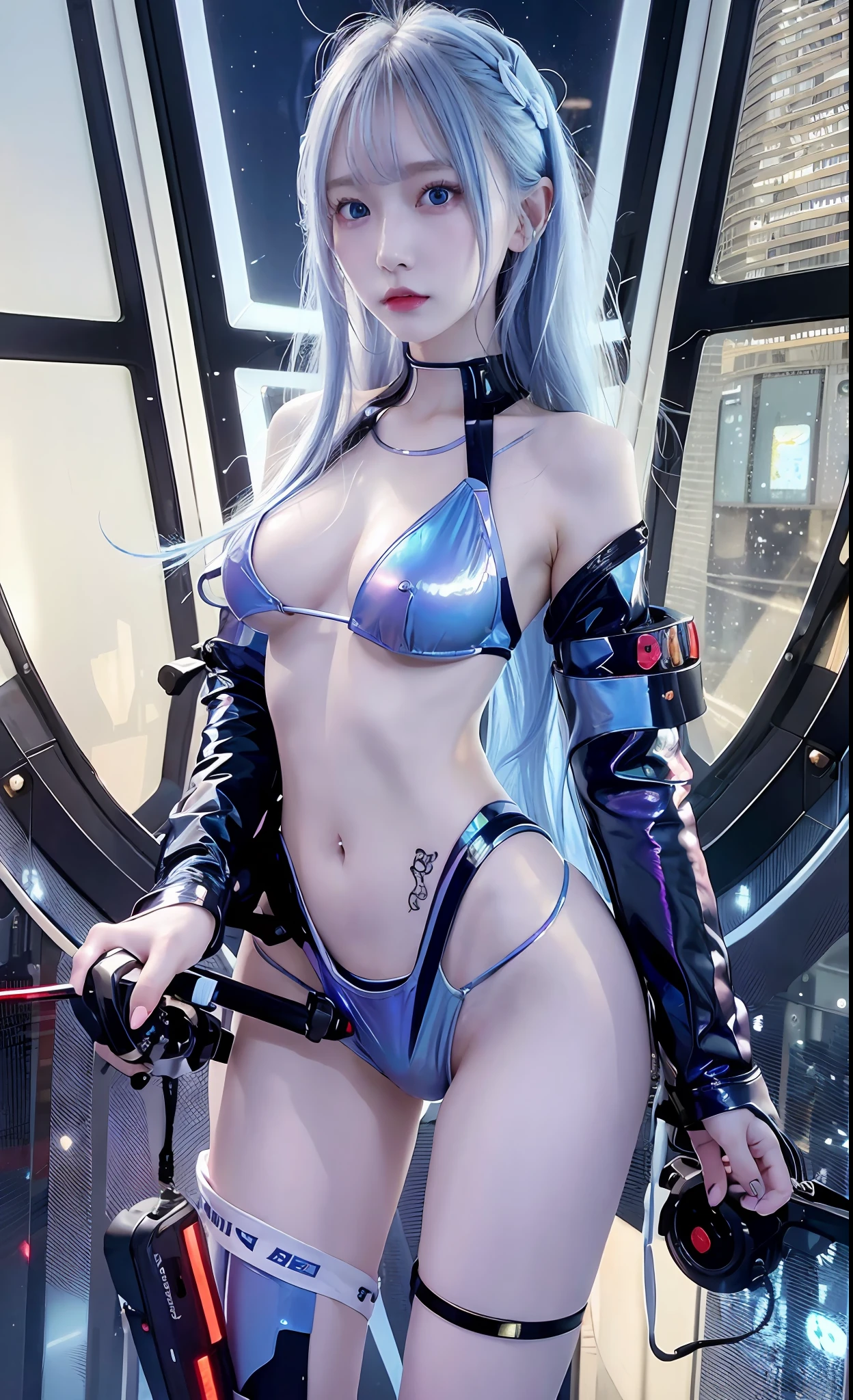 masterpiece, best quality, girls, slender, blue eyes, hair color, iridescent, long hair spreading, white skin, blood vessels on arms and chest, medium breasts, cute, sexy, futuristic, cyberpunk, bikini, skin exposed, night, psychedelic, trip, super colored, paisley theme, open legs, full body