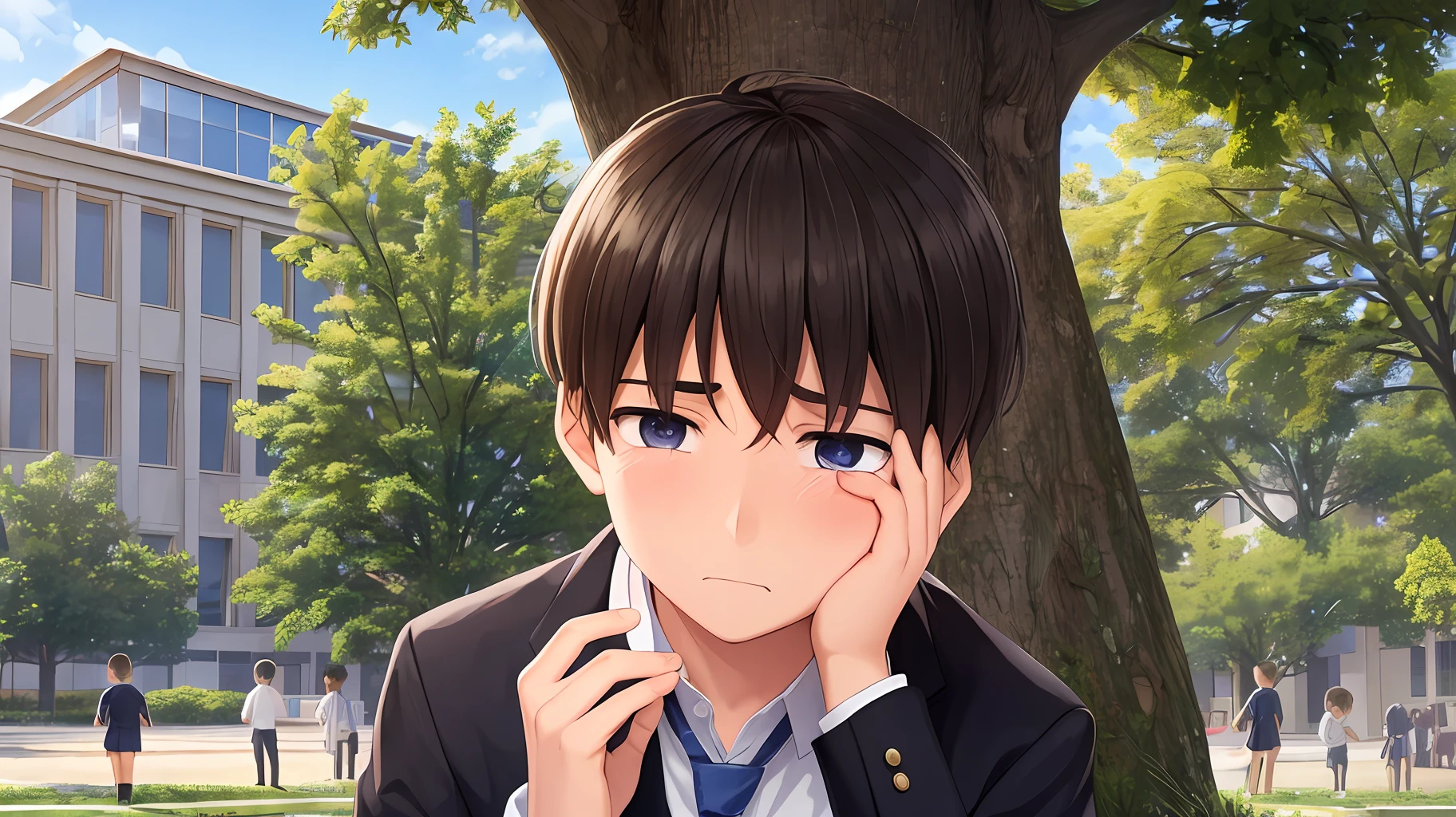 A sad boy, in school uniform, crying under a tree in the schoolyard, other children make fun of him, very detailed, hyper-realistic, 4k --auto --s2