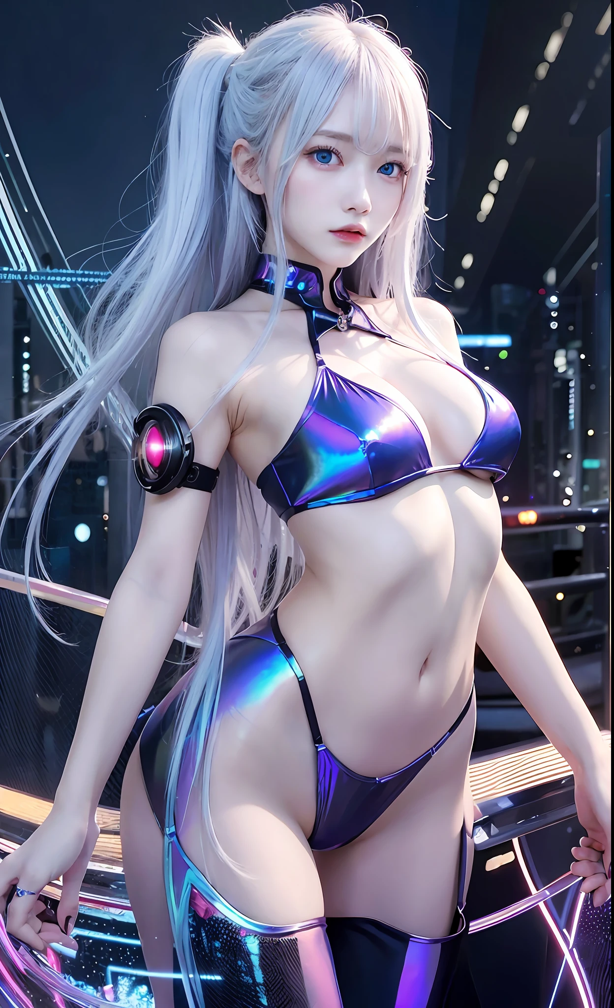 masterpiece, best quality, girls, slender, blue eyes, hair color, iridescent, long hair spreading, white skin, blood vessels on arms and chest, medium breasts, cute, sexy, futuristic, cyberpunk, bikini, skin exposed, night, psychedelic, trip, super colored, paisley theme, open legs, full body