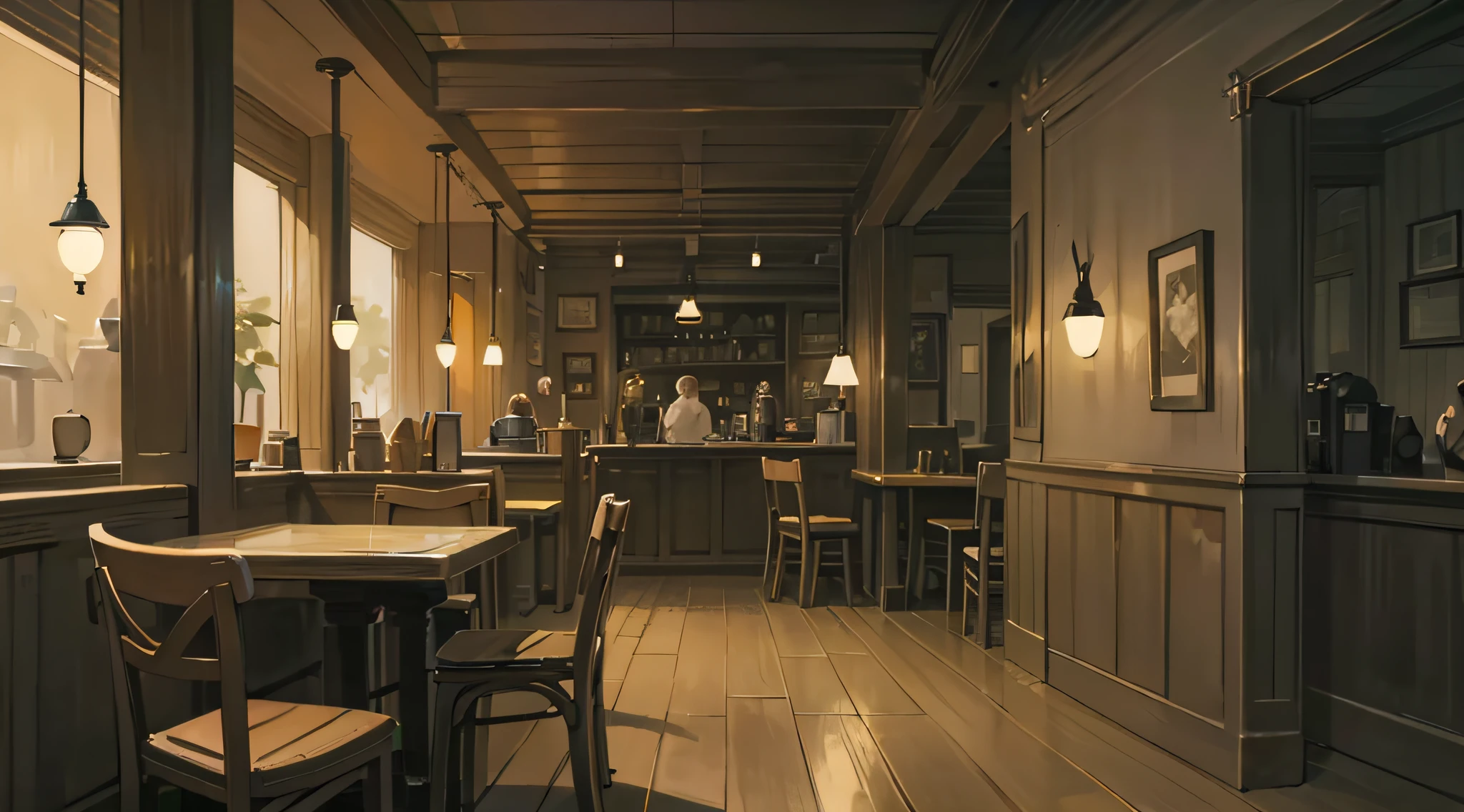 there is a bar with a lot of tables and chairs, cozy cafe background, coffee shop, cafe, cafe interior, pleasant cozy atmosphere, cozy atmosphere, illustrated starbucks interior, detailed an empty jazz cafe, dimly-lit cozy tavern, dimly lit cozy tavern, a multidimensional cozy tavern, cafe lighting, anime background art, cosy atmosphere