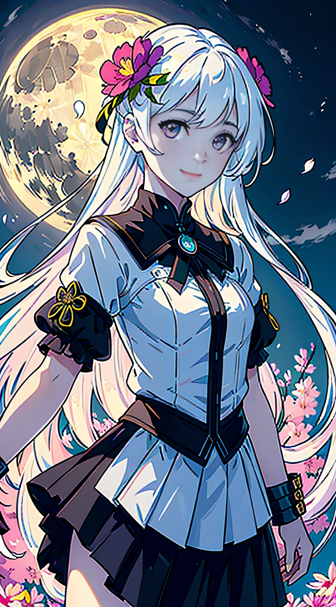 masterpiece, best quality, 1girl, (colorful),(finely detailed beautiful eyes and detailed face),cinematic lighting,bust shot,extremely detailed CG unity 8k wallpaper,white hair,solo,smile,intricate skirt,((flying petal)),(Flowery meadow) sky, cloudy_sky, building, moonlight, moon, night, (dark theme:1.3), light, fantasy,