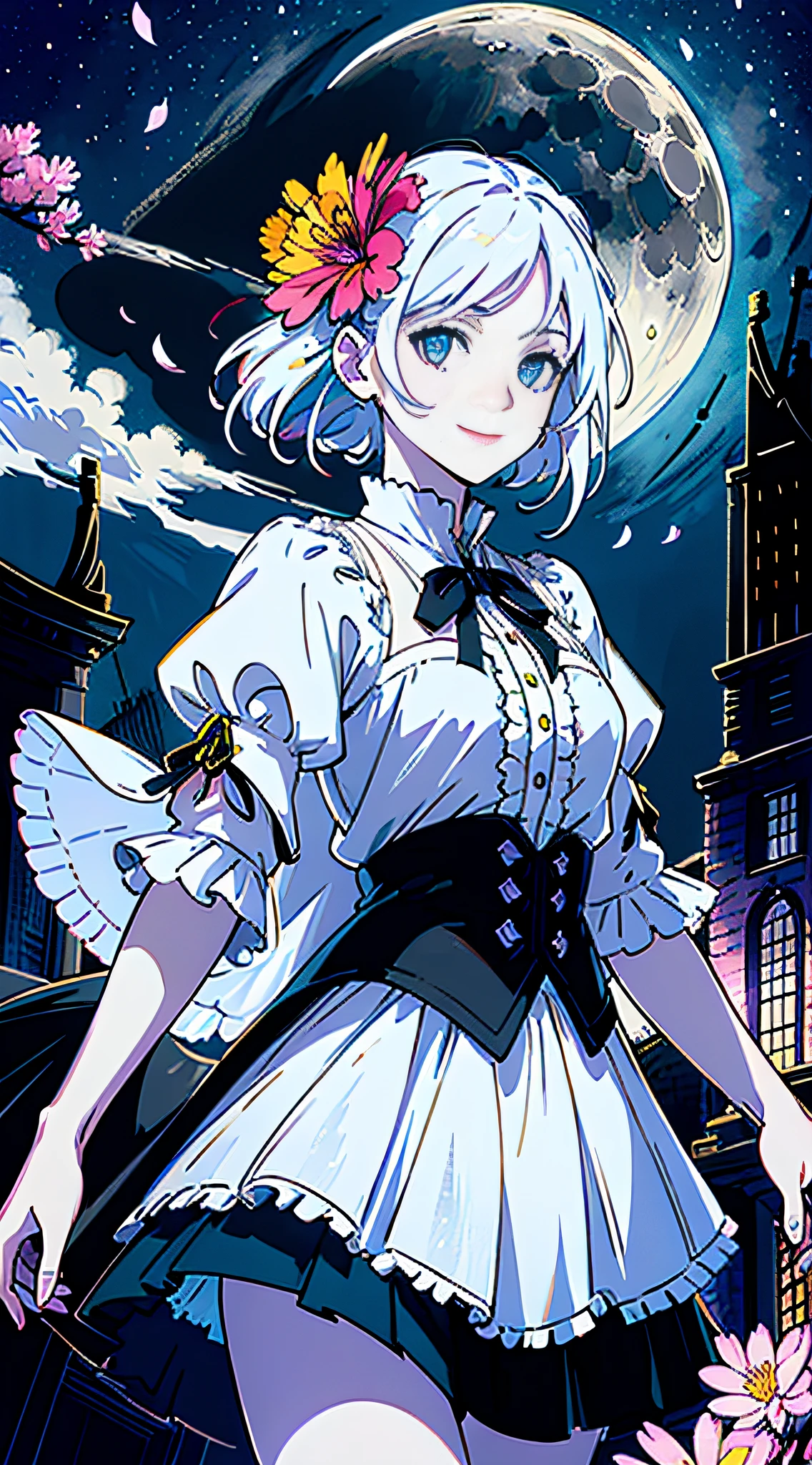 masterpiece, best quality, 1girl, (colorful),(finely detailed beautiful eyes and detailed face),cinematic lighting,bust shot,extremely detailed CG unity 8k wallpaper,white hair,solo,smile,intricate skirt,((flying petal)),(Flowery meadow) sky, cloudy_sky, building, moonlight, moon, night, (dark theme:1.3), light, fantasy,