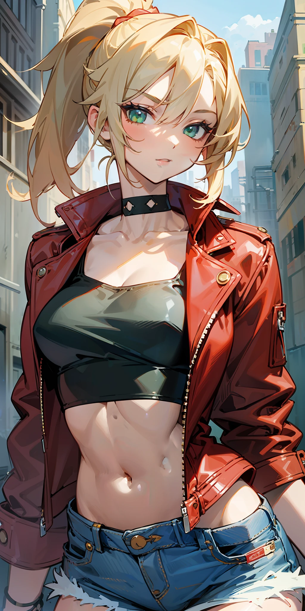 Masterpiece, best quality, illustration, city street, 1 girl, modred (destiny), denim shot, skinny, collarbone, detailed blond ponytail, green eyes, red leather jacket, white crop top top, denim shorts --auto --s2