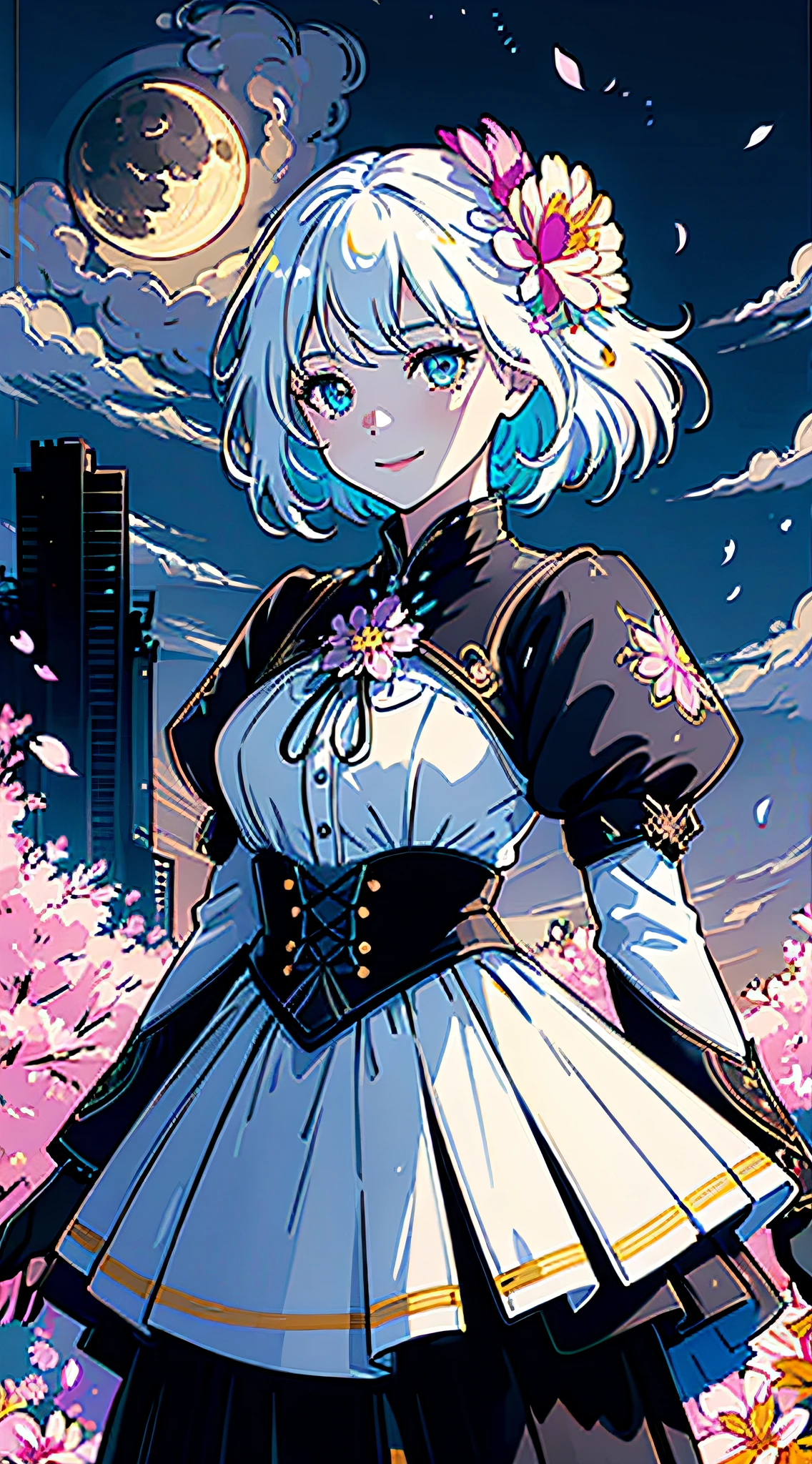 masterpiece, best quality, 1girl, (colorful),(finely detailed beautiful eyes and detailed face),cinematic lighting,bust shot,extremely detailed CG unity 8k wallpaper,white hair,solo,smile,intricate skirt,((flying petal)),(Flowery meadow) sky, cloudy_sky, building, moonlight, moon, night, (dark theme:1.3), light, fantasy,