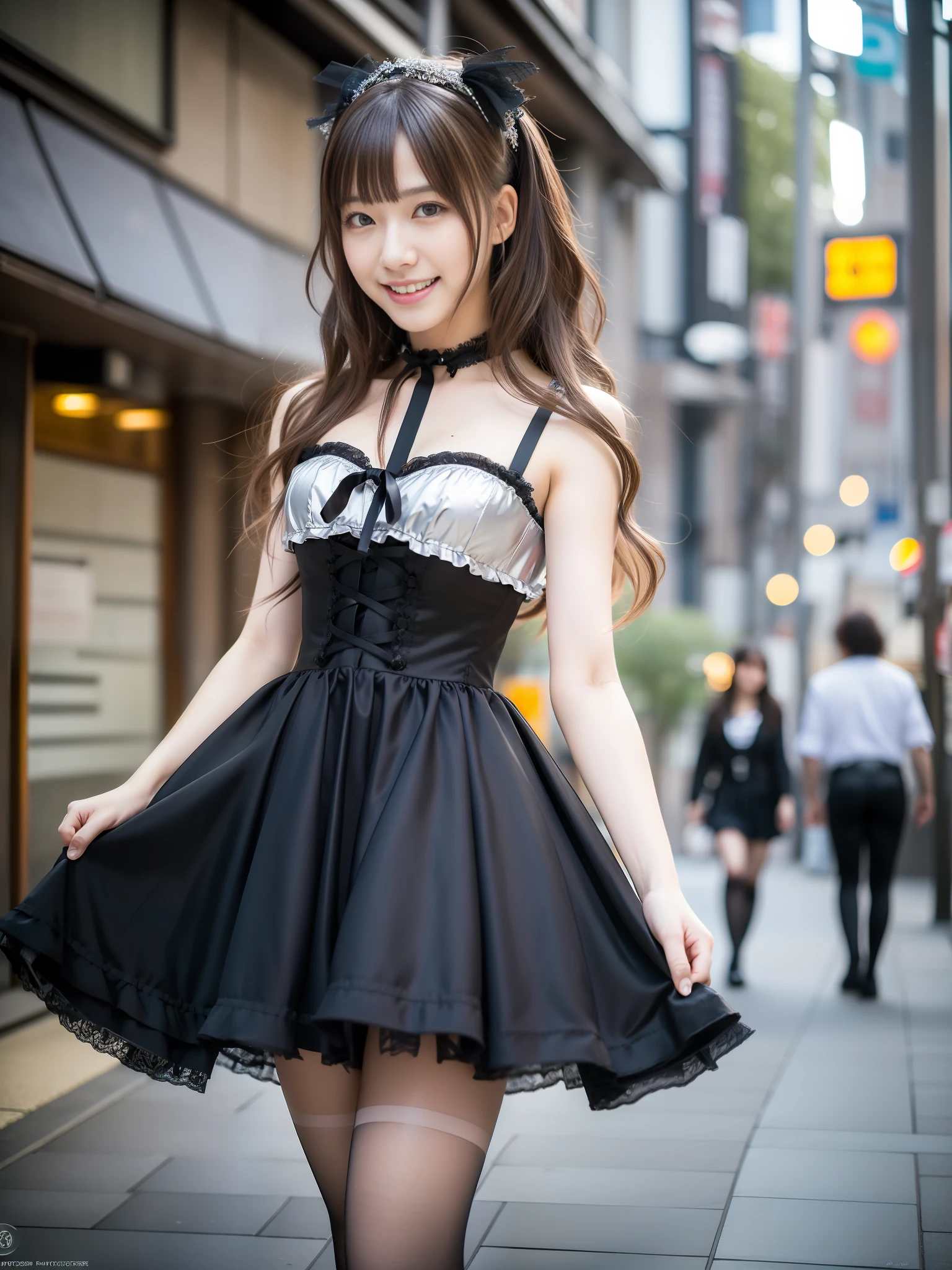 k), (Best Quality), (Best Quality), (Masterpiece:1.3), (Realistic), (Photorealistic:1.36), Ultra Detail,1 Girl,Smiling,Japan Pretty girl,20 years old, disheveled hair, Beautiful, Brown eyes, Silver storm eyes, Gorgeous face detailed, Black Gothic and Lolita cosplay, Twinkle, Walking through downtown Tokyo, (Panties are visible))