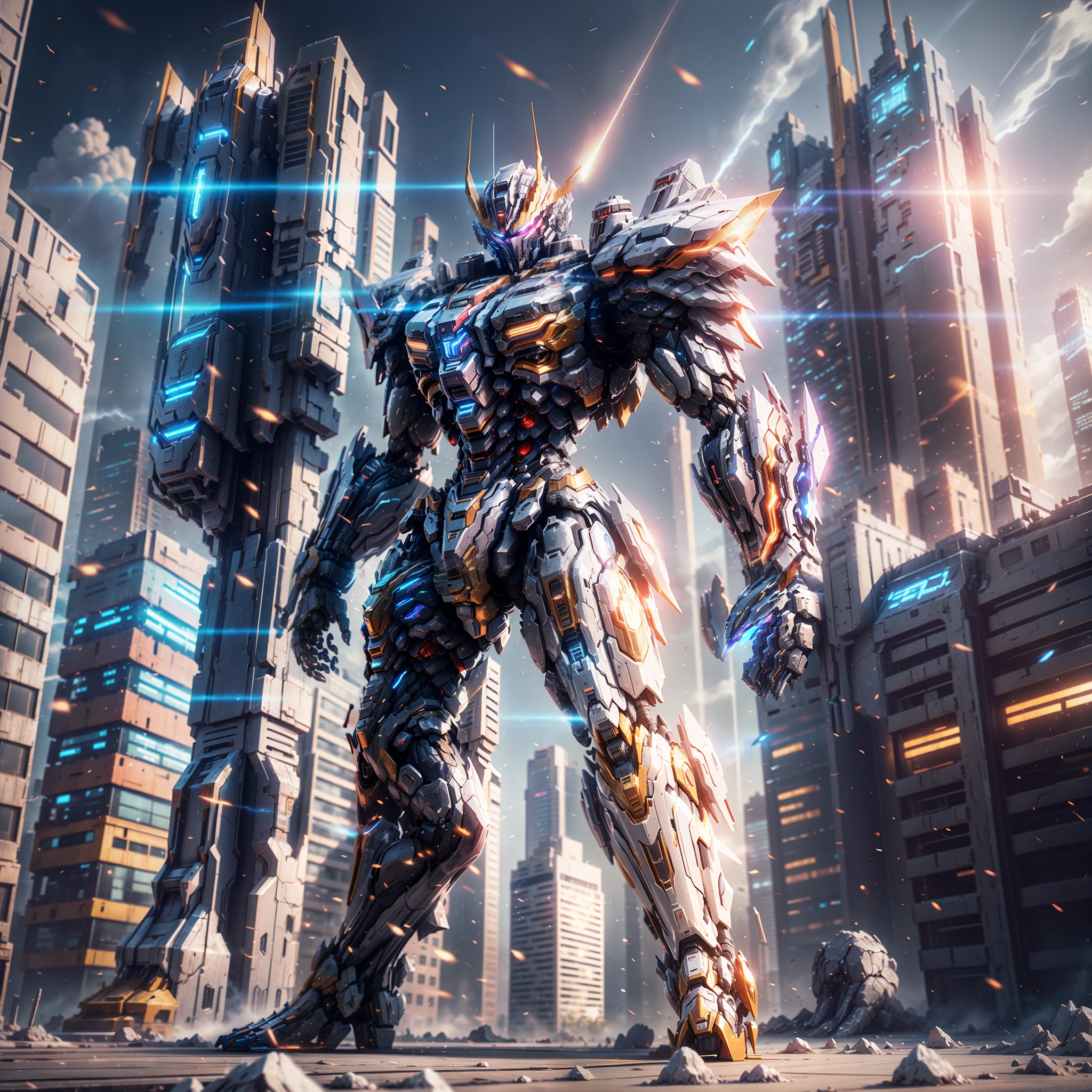 Super Mech, Warrior, Tall Building, Energy Cannon Fire, Tall and Mighty, Solid Armor, Futuristic Technology, Sharp Lines, Dynamic Styling, Mechanical Joints, Armor Plates, Sensors, Energy Weapons, Blazing Energy, Sparkling Light, Explosion Effects, Smoke, Tense Atmosphere, (Octane Rendering: 1.4), Best Quality, (Highly Realistic), (Ultra Detail: 1.5), C4D Rendering, Cinematic Quality