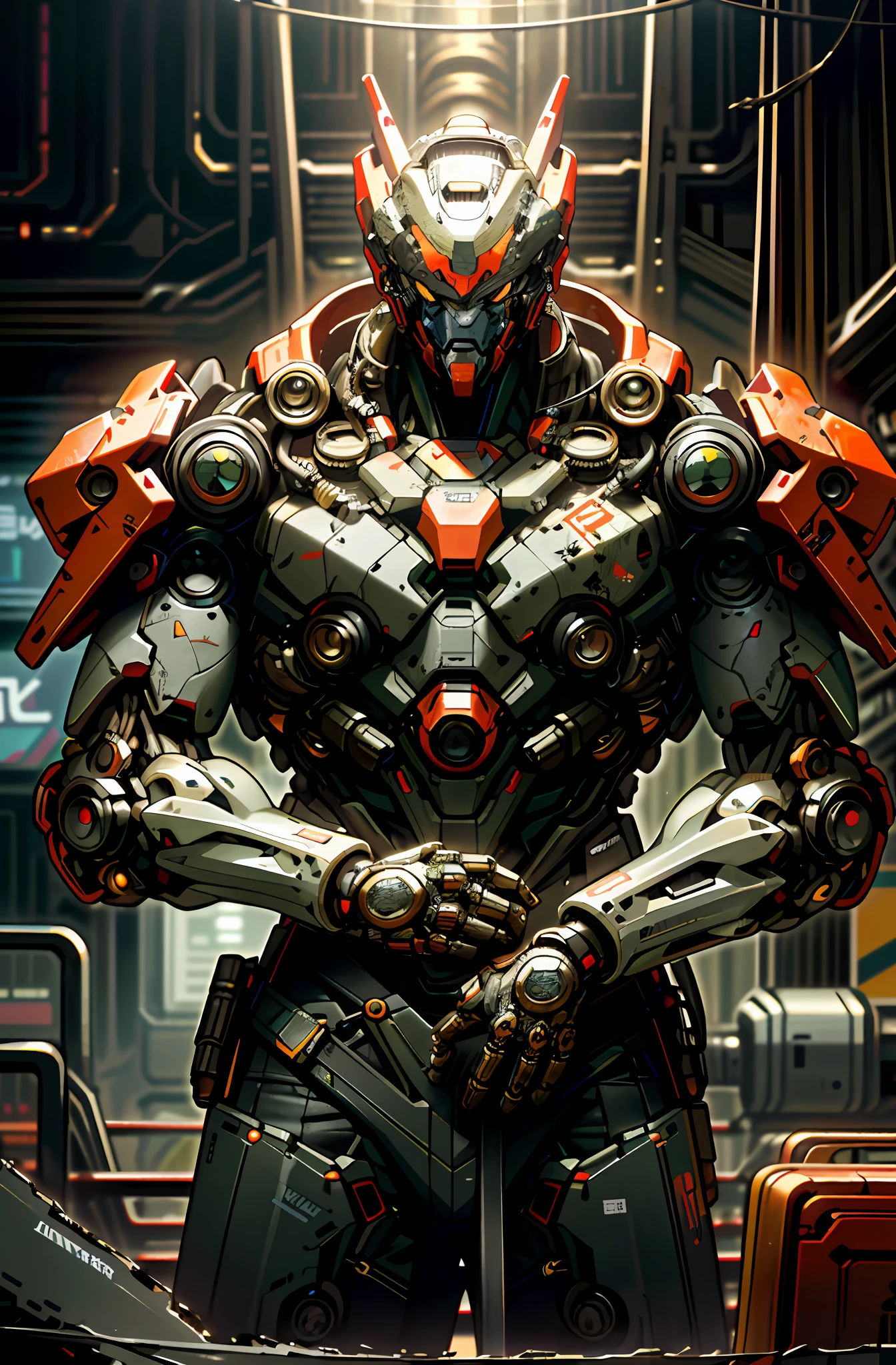 arafed robot standing in a room with a chainsaw, epic sci-fi character art, epic sci - fi character art, bionic scifi alexandre ferra, alexandre ferra mecha, ultra detailed game art, detailed sci-fi art, painterly humanoid mecha, portrait of a mech, epic scifi character art, anfas portrait of a mech warrior