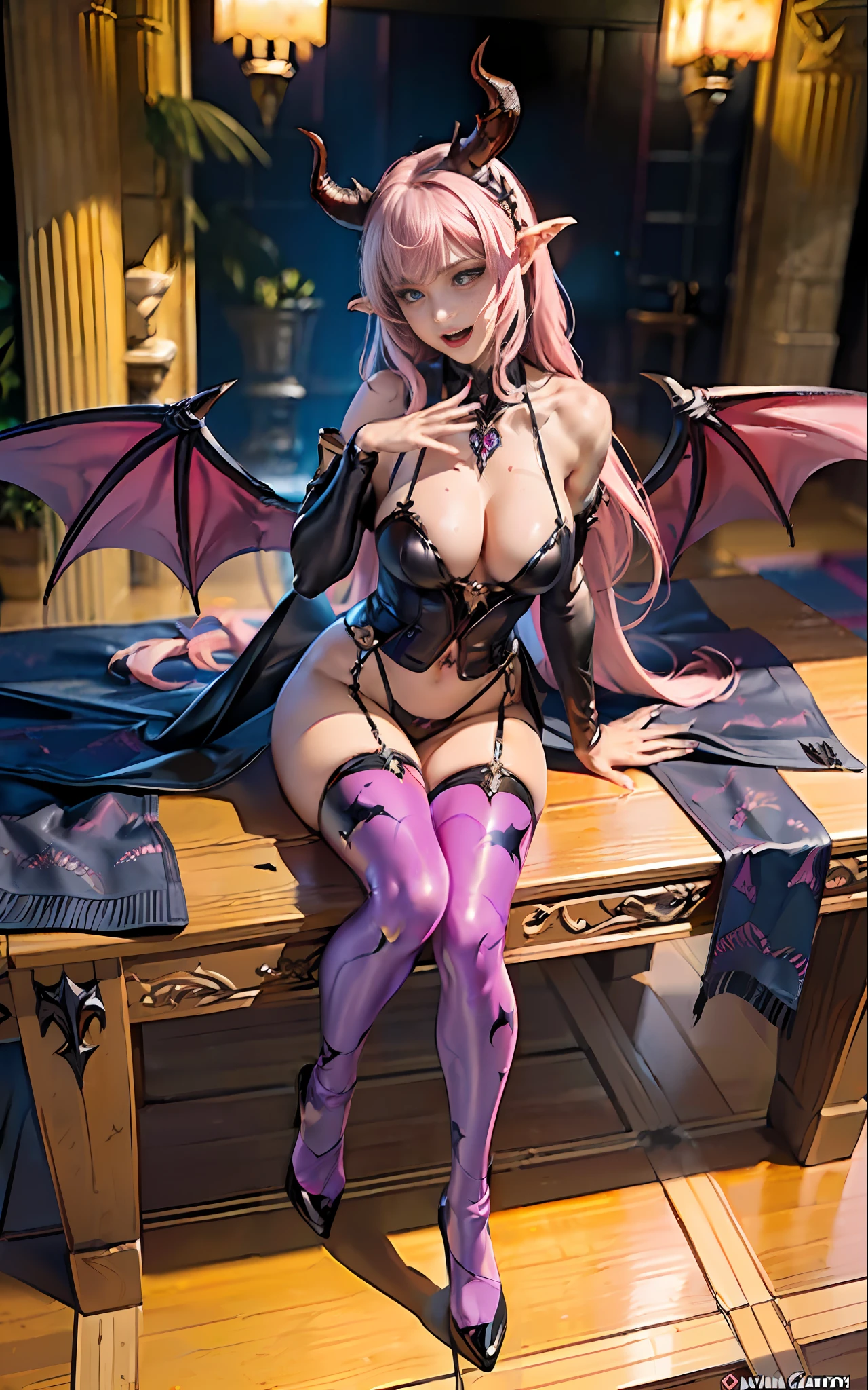 best quality, masterpiece,ultra detailed, official art,(extremely detailed CG unity 8k 
wallpaper), (masterpiece), best quality, illustration, (powerful), art oflight, artist style, beautiful detailed star sky,(((bat print))), (cygames:1.4), (dark flame:1.3), Japanese light novel cover, grand scene, dark bodysuit,((fullbody)),((succubus tail)),
 (beautiful detailedgirl), (((solo))),(((full body))),wet skin, (((demon queen))), 
metal, complex pattern, beautiful detailed hair,red luminous eyes, longeyelashes, 
((constricted pupils)),pointy ears, slit pupils,silver long hair,beautiful collarbone , (purple tattoo), (tattoo on leg), tattoo on arm, luminous gem on chest,(demon heart tail),demon fang, pointy ears, 
((purple long  fingernails)),(bat decorate soft armor), ((bat decorate high heels)),giant bat wings,(fingerless_gloves), bat print black garter belt, (elbow_gloves),fang out, a group of 
bats, ((endured_face, open mouth, seductive smile, )),lingerie, 
bat decorateanklet,bat decorate body,(presenting foot), (luminous tattoo),(queen),useing magical, (beautiful detalied hands), nfsw, (((pink steam from full body ))), ((2legs)) , ((neck biting)), figure four sitting