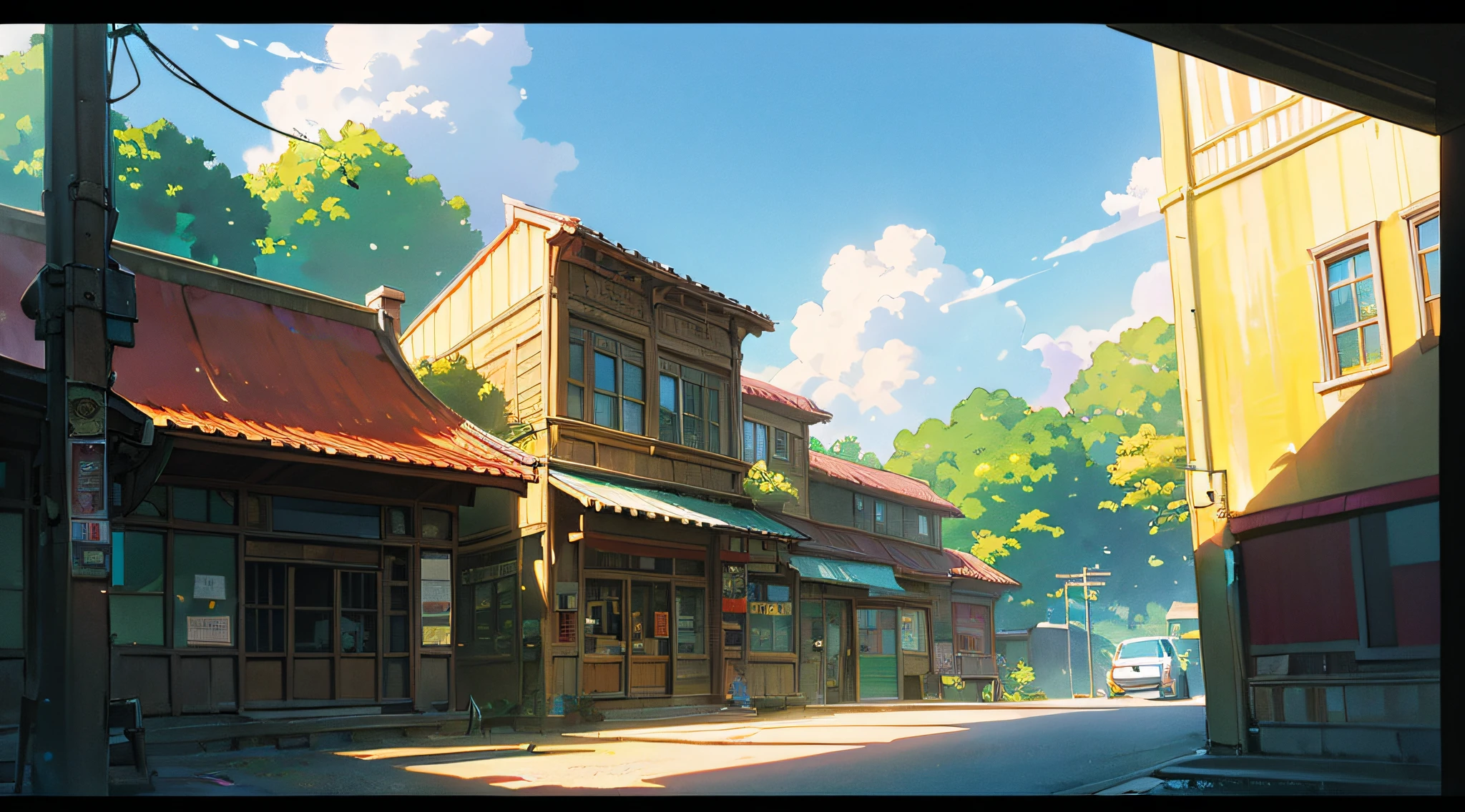 anime - style image of a small store with a balcony and a balcony, anime background art, high detailed store, in style of makoto shinkai, style of makoto shinkai, studio ghibli sunlight, beautiful anime scene, beautiful anime scenery, detailed scenery —width 672, studio glibly makoto shinkai, by Makoto Shinkai