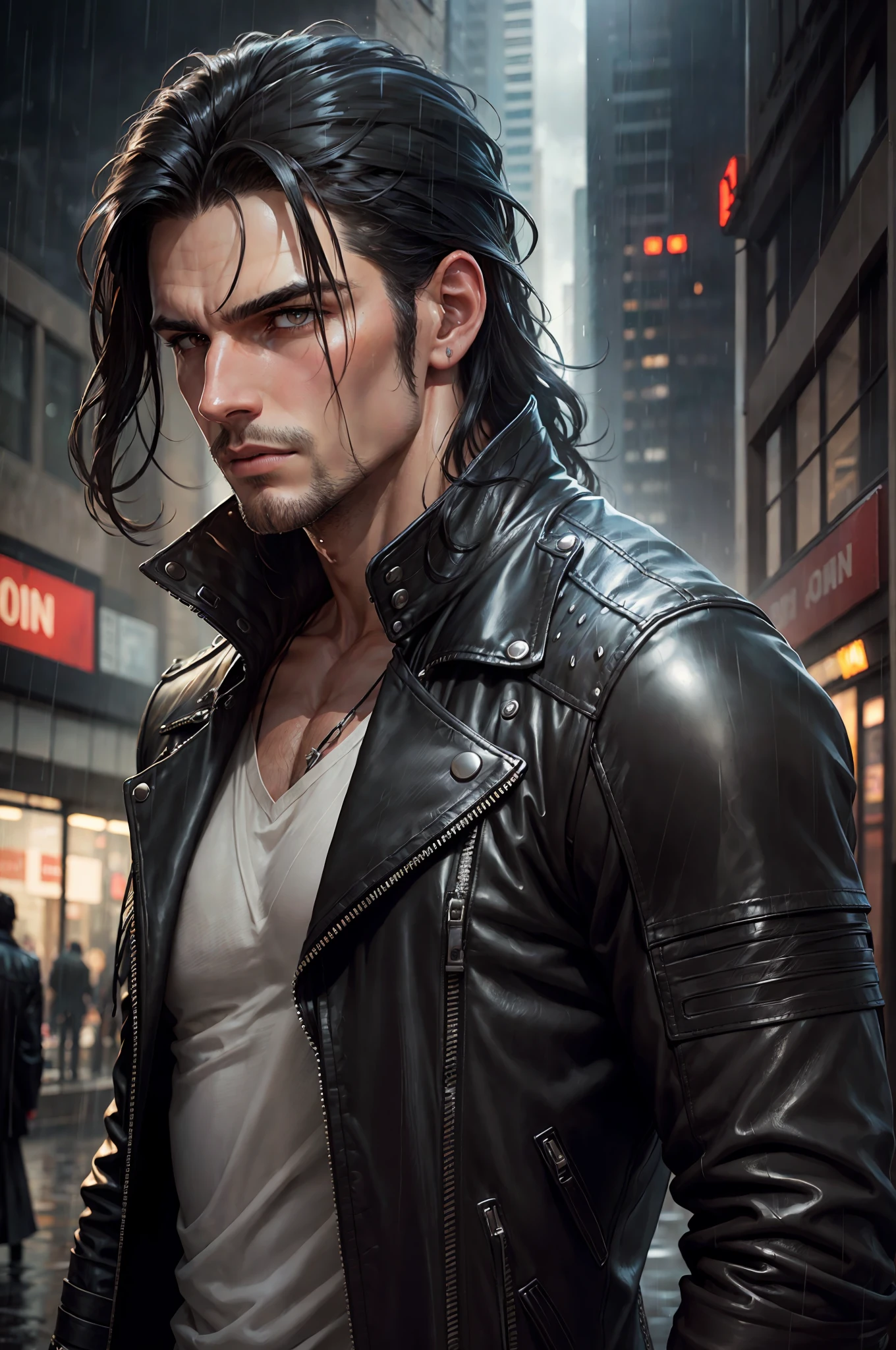 man in a leather jacket standing in the rain, handsome stunning realistic, black hair, profile shot, cinematic realistic portrait, glossy from rain,wet dripping hair, attractive man, under rain, game render, art by john william waterhouse, greg rutkowski, georges rochegrosse, tom bagshaw