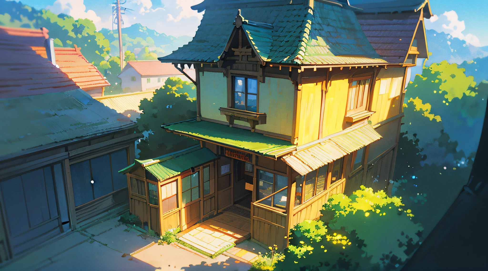 anime - style image of a small store with a balcony and a balcony, anime background art, high detailed store, in style of makoto shinkai, style of makoto shinkai, studio ghibli sunlight, beautiful anime scene, beautiful anime scenery, detailed scenery —width 672, studio glibly makoto shinkai, by Makoto Shinkai