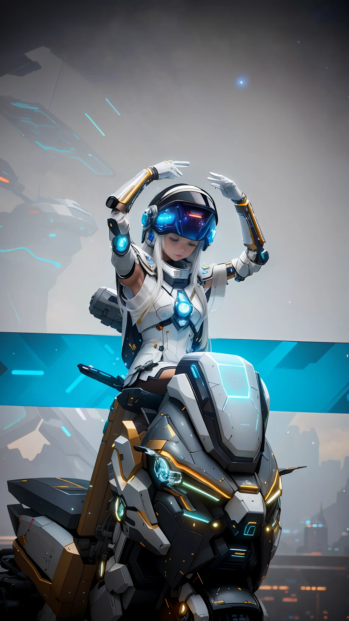 Masterpiece, Best Quality, 4K, Mecha, Crystal Helmet, Glow, Futuristic, Starry Sky, Sky, Stars \ (Sky \), Cloak, Headband, Long Legs, Long Hair, White Hair, Cyberpunk, Depth of Field, Blurred Background,