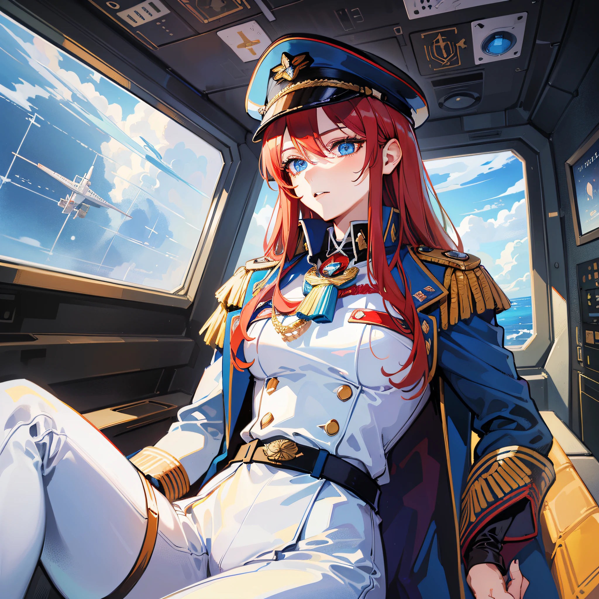 ((Masterpiece)), ((Highest Quality)), ((Best Quality)), (Illustration of One Girl), Full Body, 25 Years Old, Long Red Hair, (Thin Hair on Both Sides of the Face), Blue Eyes, (Tall)), ((Muscular Strong Body)), (Manspreading)), Open Legs, (((Military Uniform)), (Military Hat)), ((Military Coat)), (White Clothes), (White Pants), (White Hat), Trench Coat, ((Inside the spaceship, sitting in the captain's seat)), (outside the window, space, Earth seen from space, spaceport)