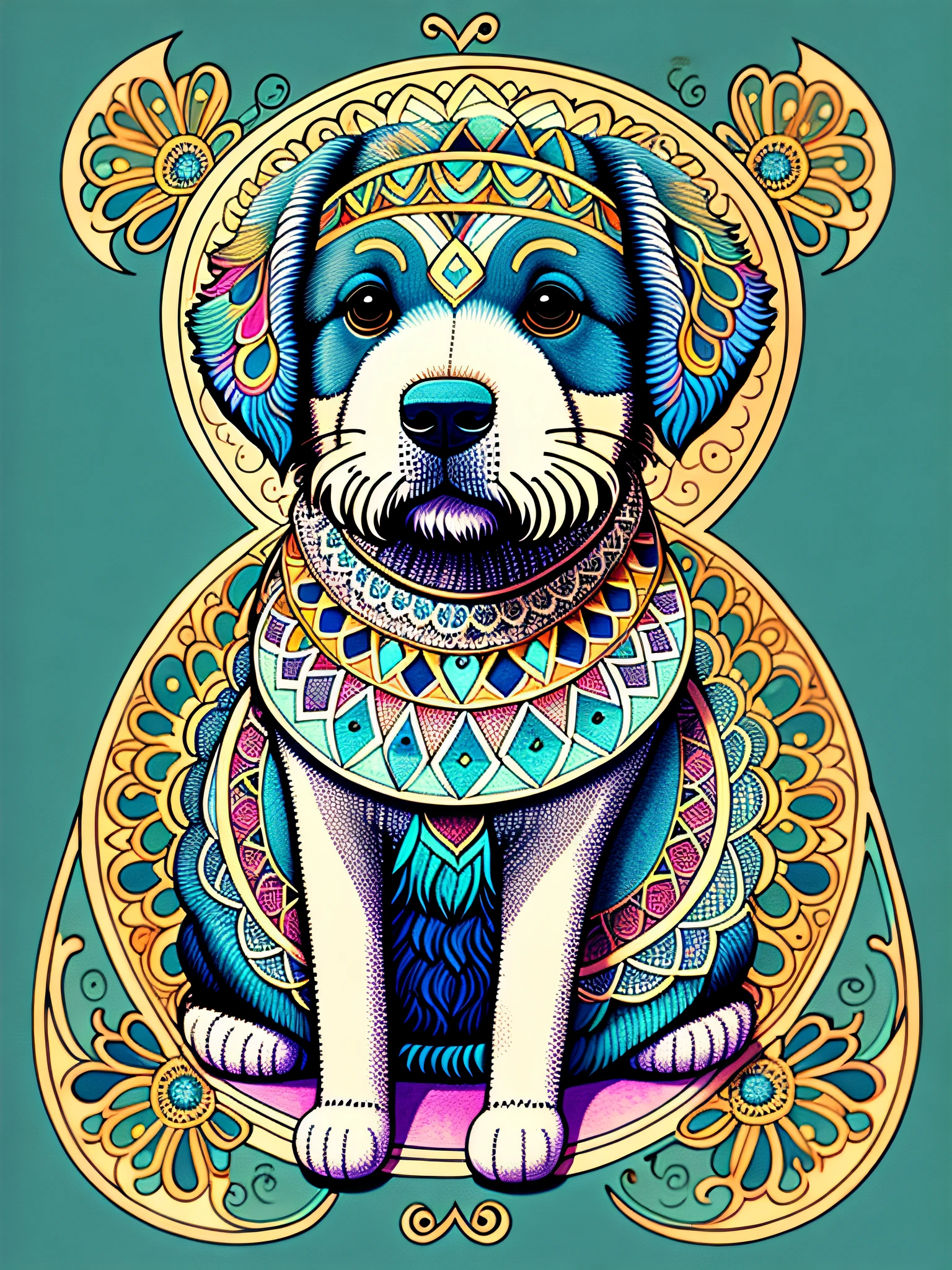 a page of a half-painted book with gorgeous Spanish Water Dog, coloring book cover, mandala, hyper detailed line art, coloring expert, simple