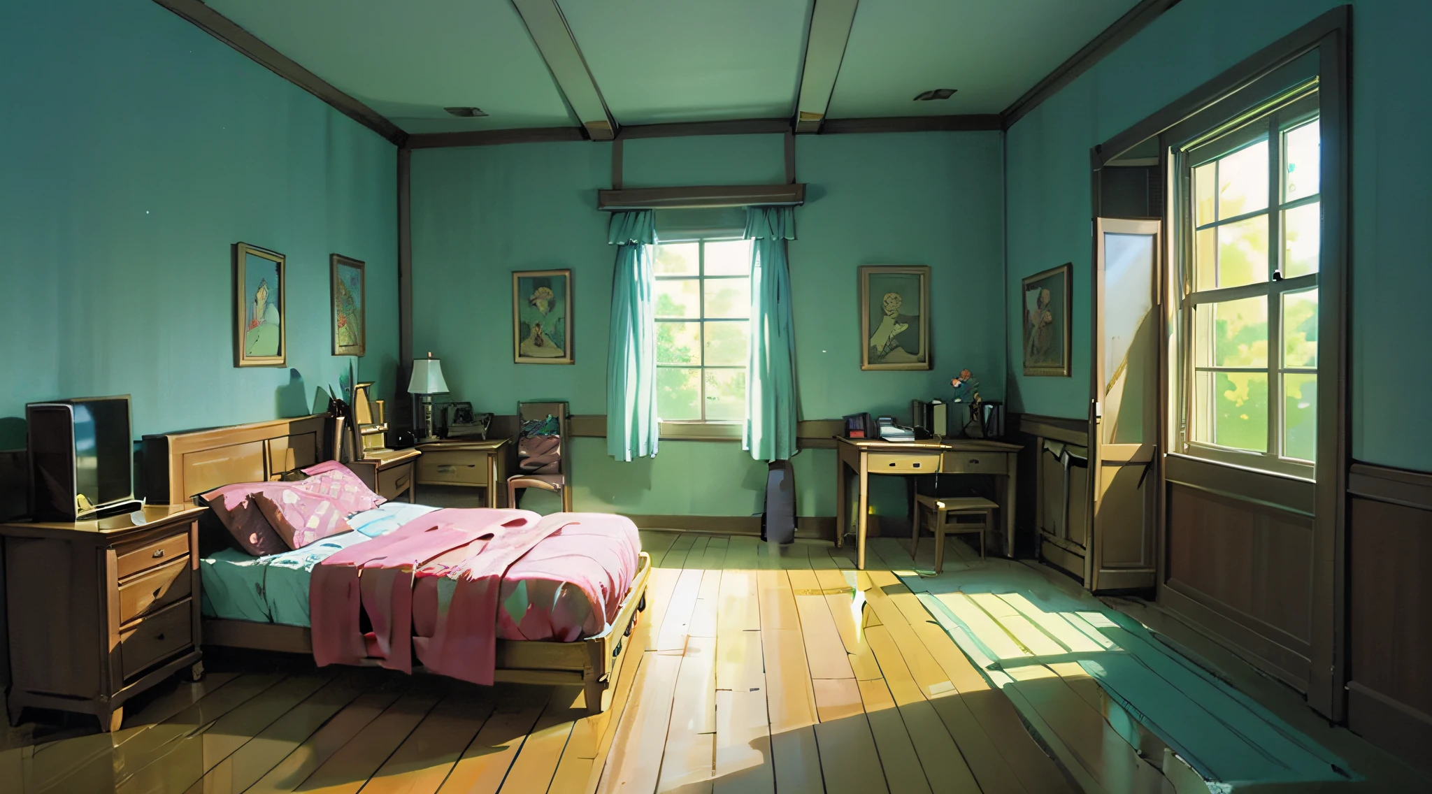 there is a room with a bed, desk, and a window, anime background art, personal room background, anime scenery, anime background, lofi colors, rpg maker style bedroom, anime. soft lighting, beautiful anime scenery, interior background art, bedroom in studio ghibli, bedroom background, anime scenery concept art, style of madhouse studio anime