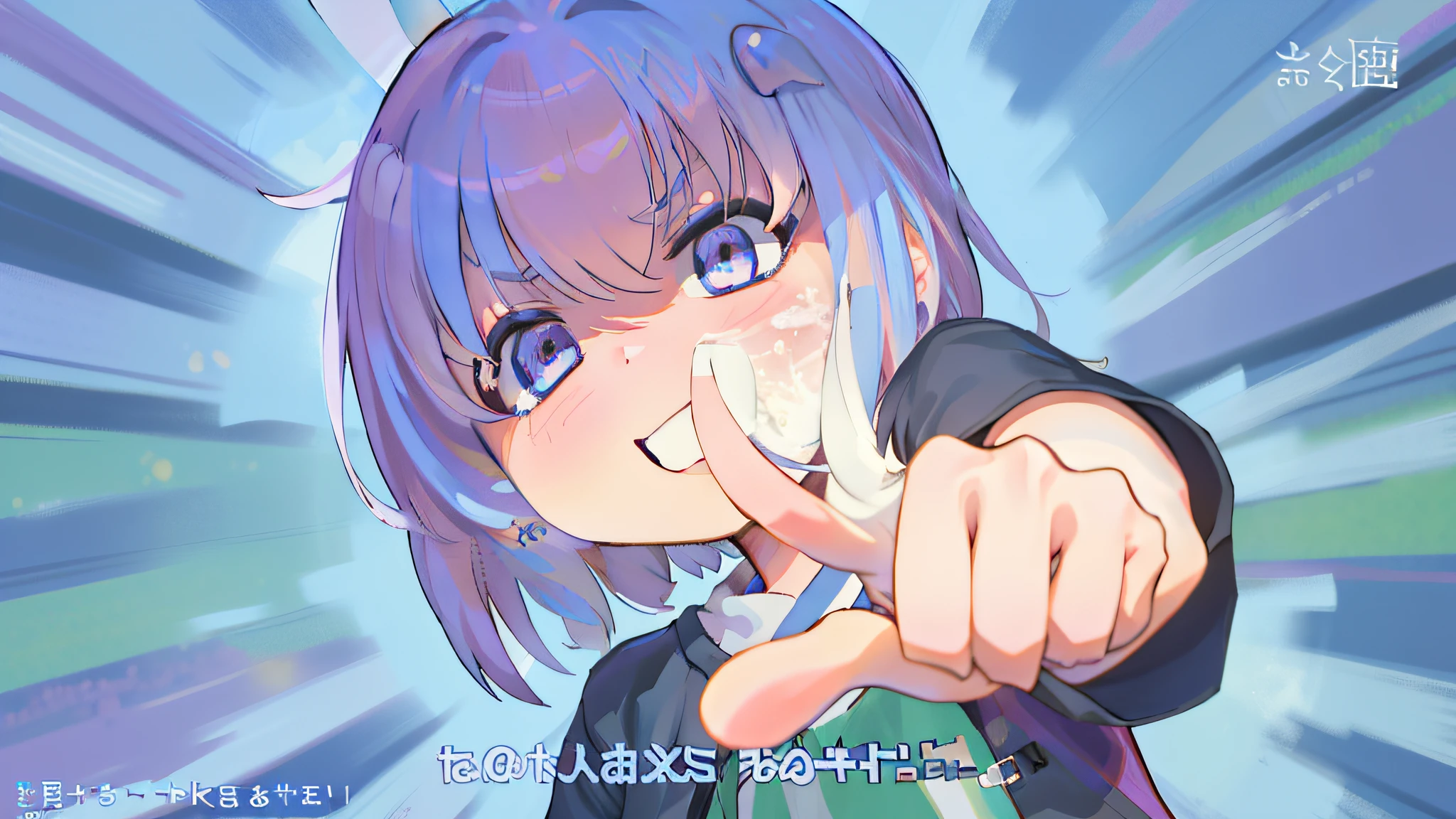 anime girl pointing at camera with blue background and text, close up iwakura lain, kinmoza!, iwakura lain, close up of iwakura lain, clannad, yuyushiki, yuruyuri, ginko showing a new mushi, reisen udongein inaba, with index finger, fubuki
