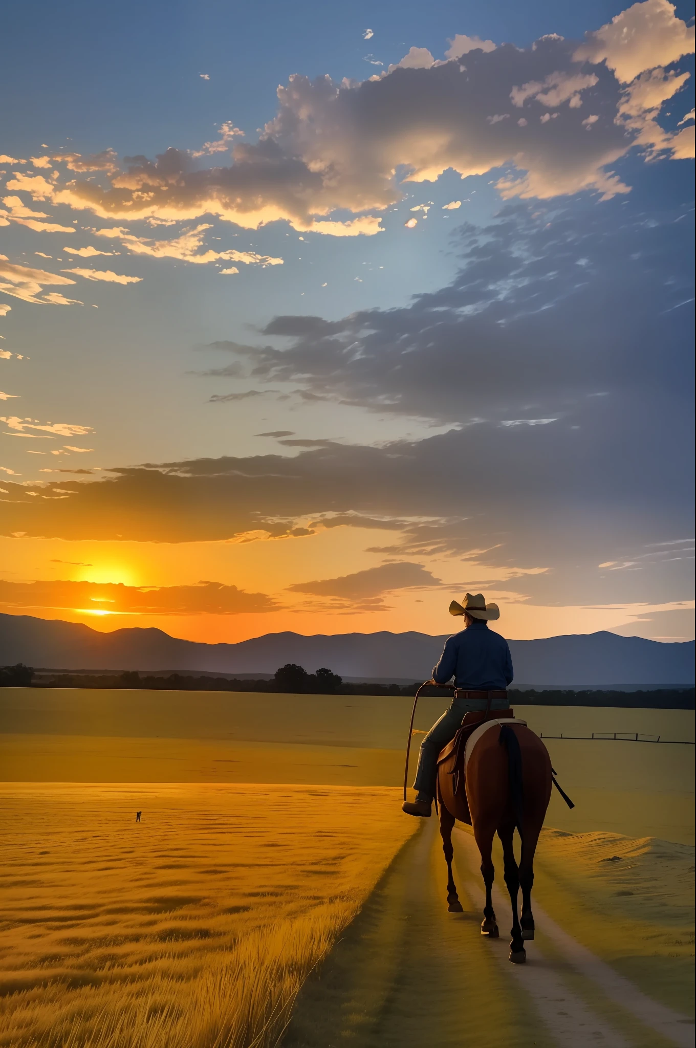 A profile picture of a lone cowboy on his horse walking in the pasture with the sunset.