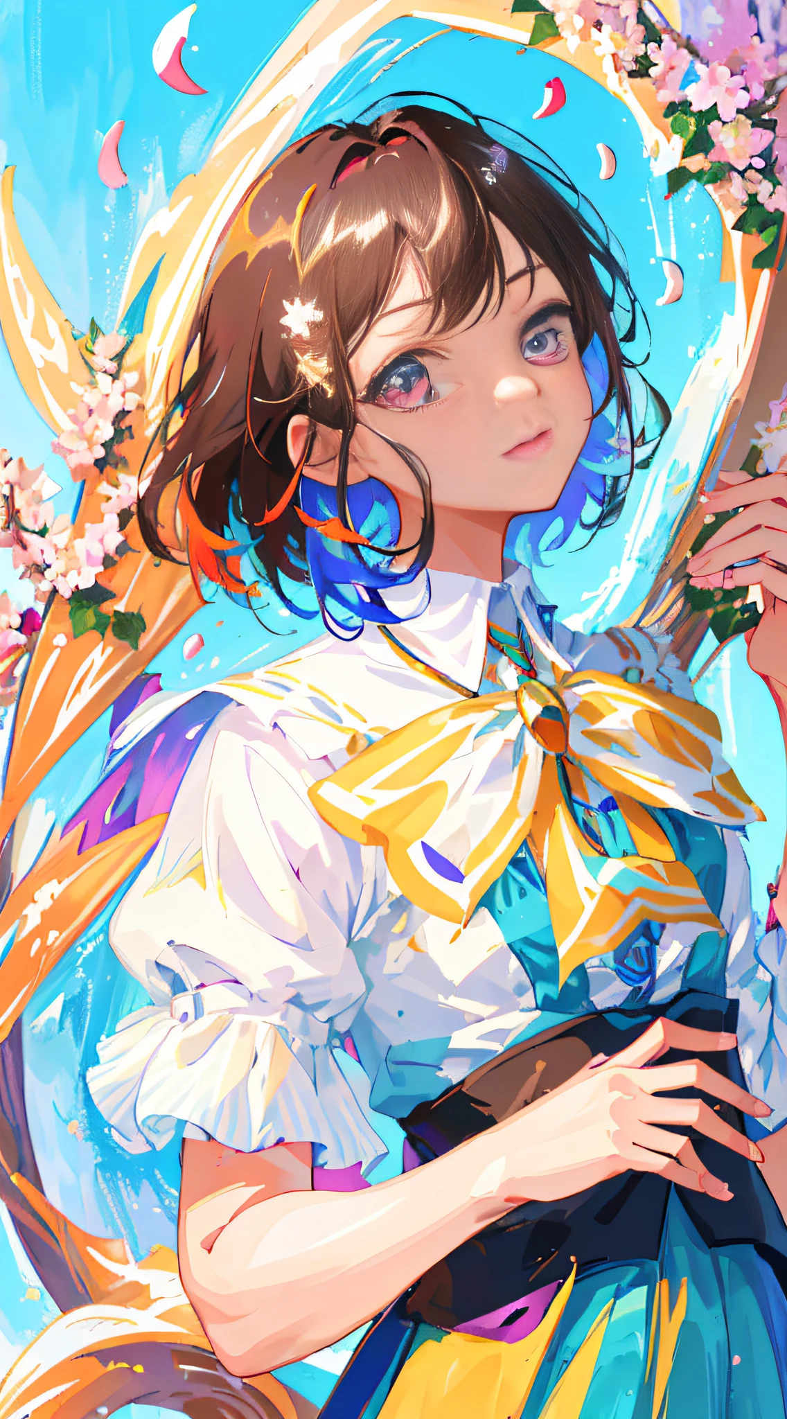 (best quality),(masterpiece:1.2), (highres), (extremely detailed), (highly detailed face), (highly detailed eyes), (portrait:1.3), close up, 
1girl,(solo),radiance, small breasts, (colorful hair:1.2) ,(colorful eyes), double tail, close up, (falling petals:1.2), short hair, shirt, aloof and cold,
simple background, (snickering),(emoji),