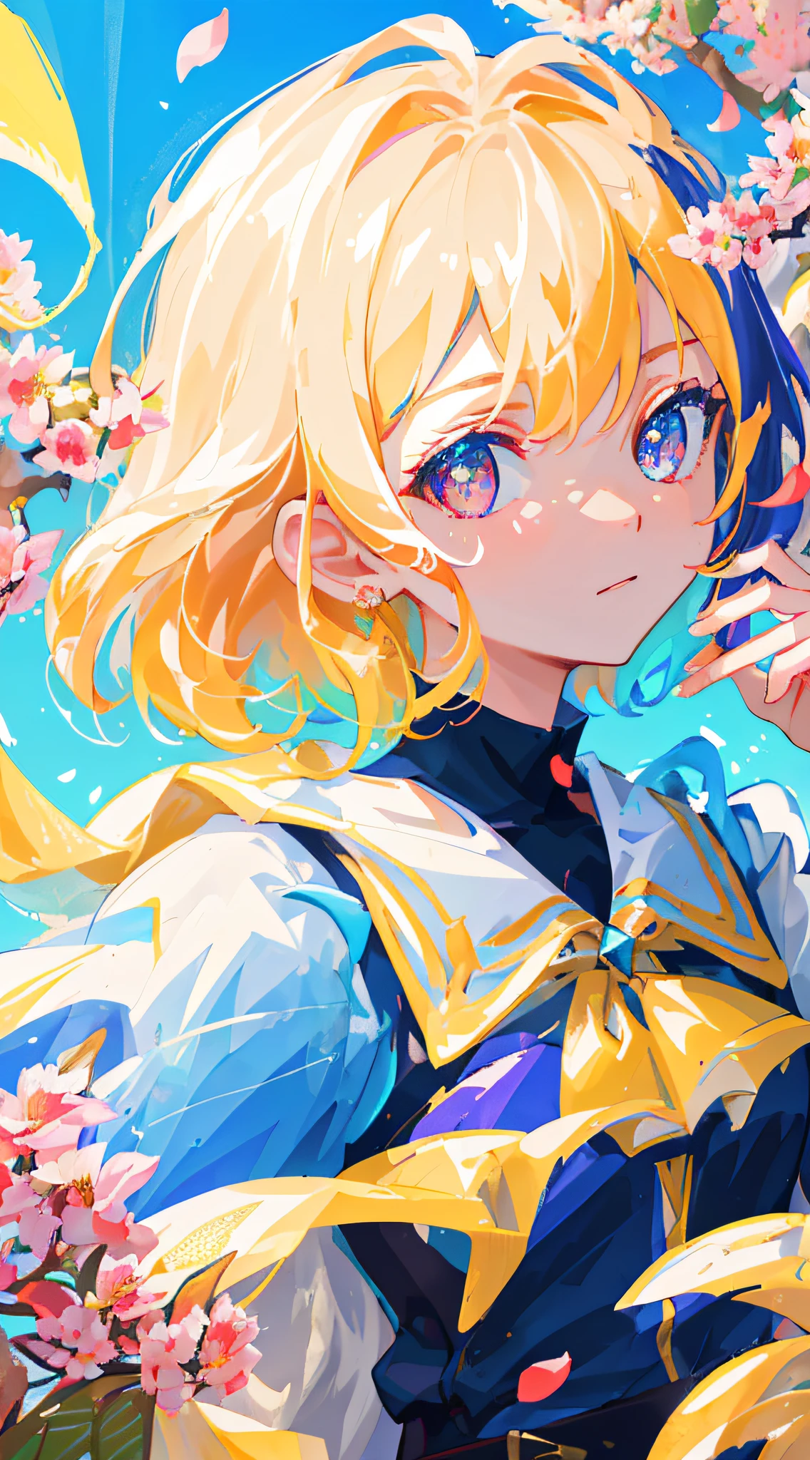 (best quality),(masterpiece:1.2), (highres), (extremely detailed), (highly detailed face), (highly detailed eyes), (portrait:1.3), close up, 
1girl,(solo),radiance, small breasts, (colorful hair:1.2) ,(colorful eyes), double tail, close up, (falling petals:1.2), short hair, shirt, aloof and cold,
simple background, (snickering),(emoji),